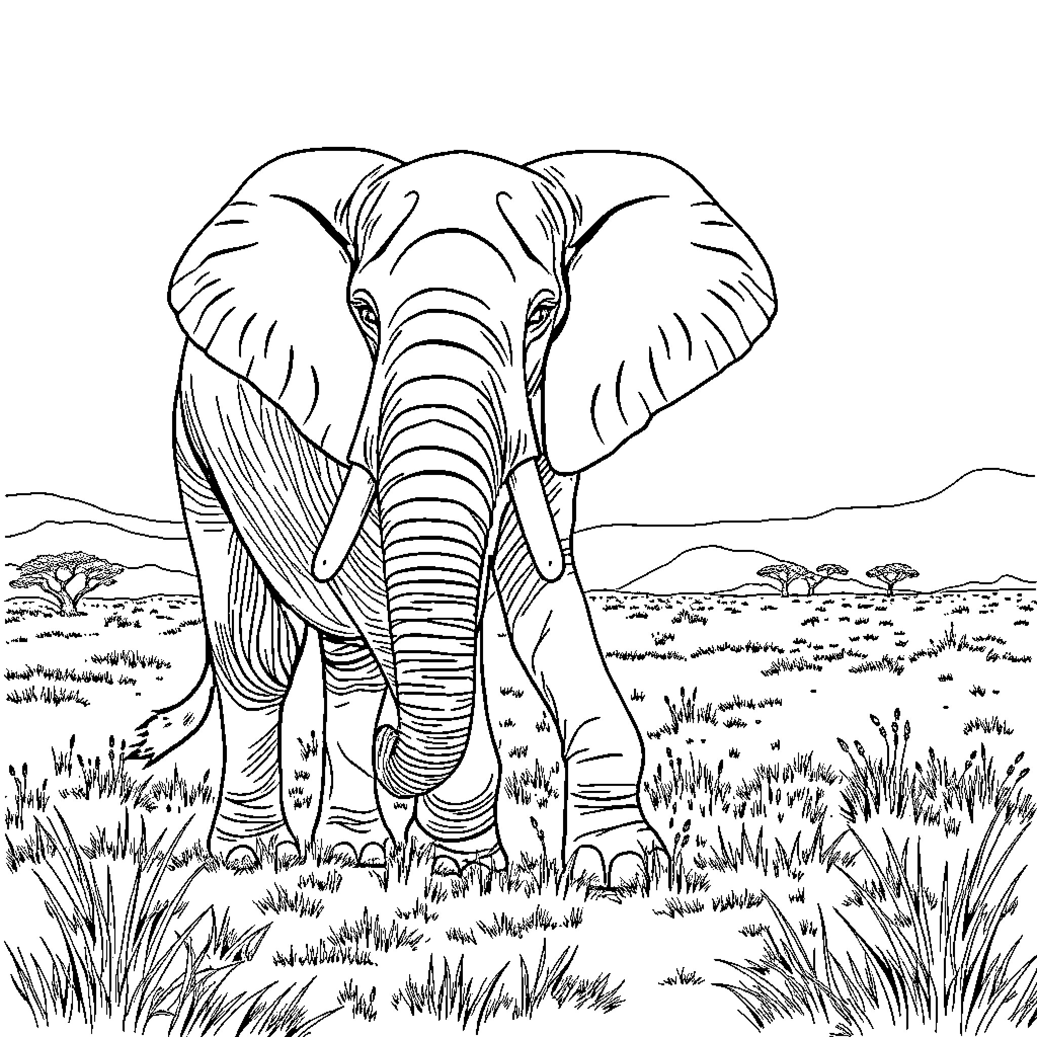 Elephant standing tall in the African savanna Coloring Page (free black-and-white line drawing printable PDF for all, from beginners to advanced learners, including children, teens, adults, and seniors)