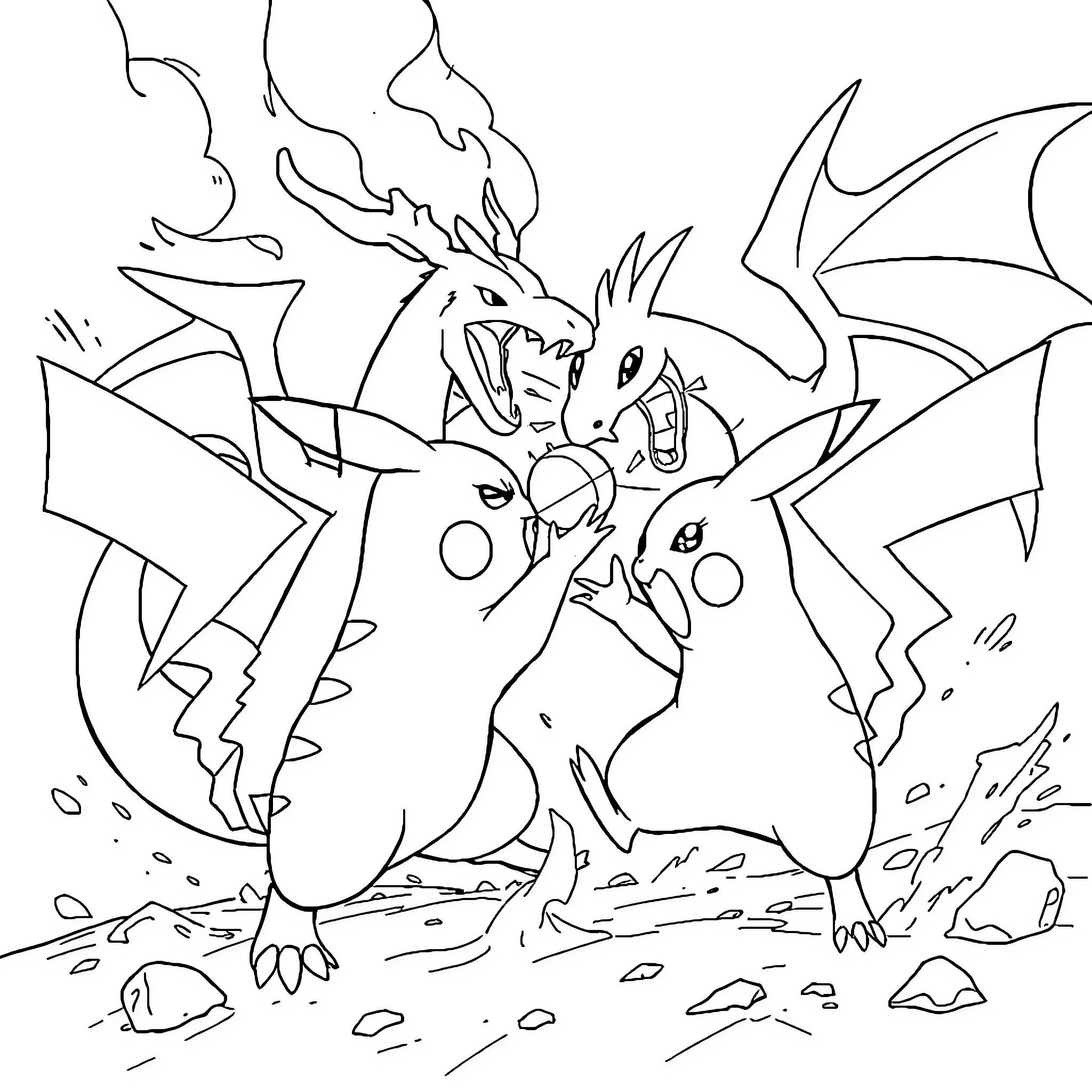 Pikachu and Charizard engaged in intense battle Coloring Page (free black-and-white line drawing printable PDF for all, from beginners to advanced learners, including children, teens, adults, and seniors)