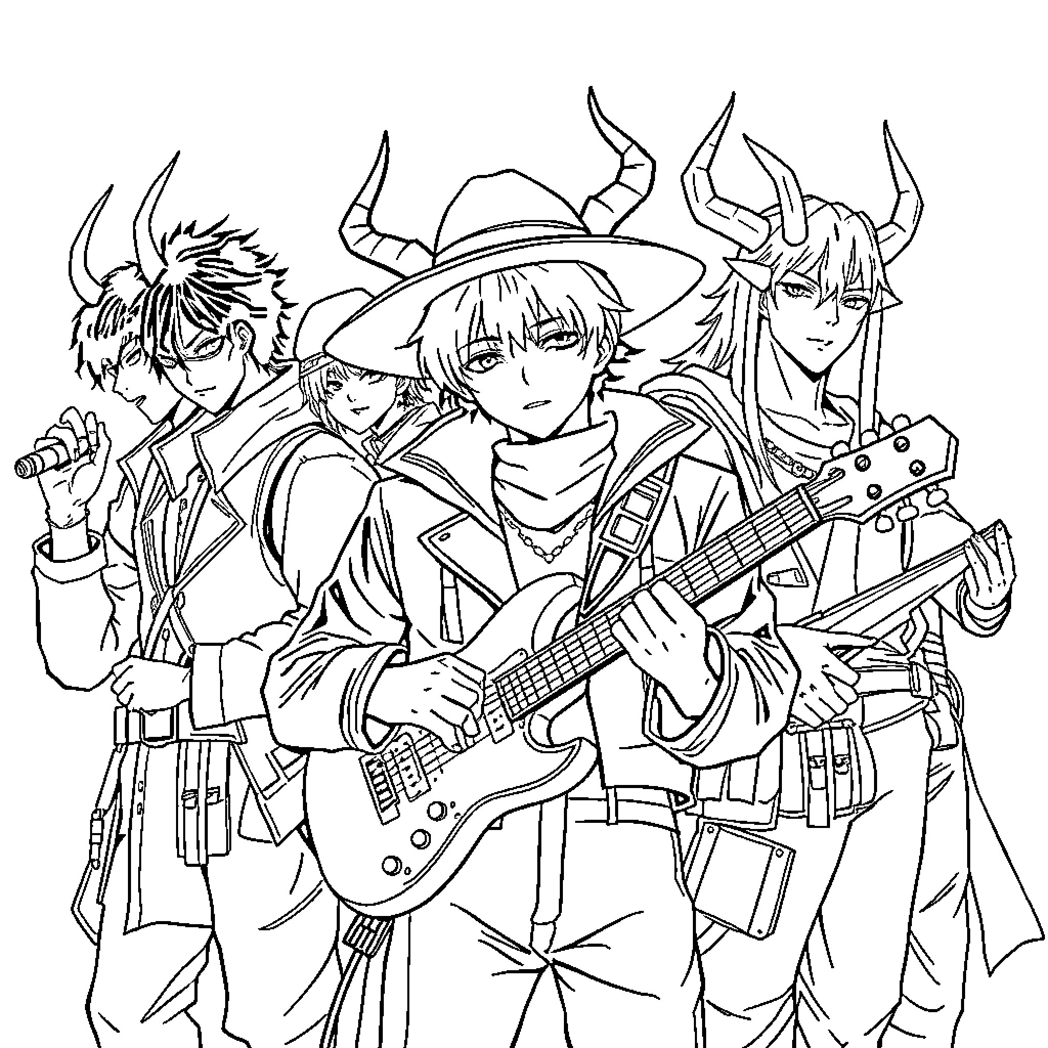 Demon Hunter Band - Heroic Anime Musicians Coloring Page (free black-and-white line drawing printable PDF for all, from beginners to advanced learners, including children, teens, adults, and seniors)