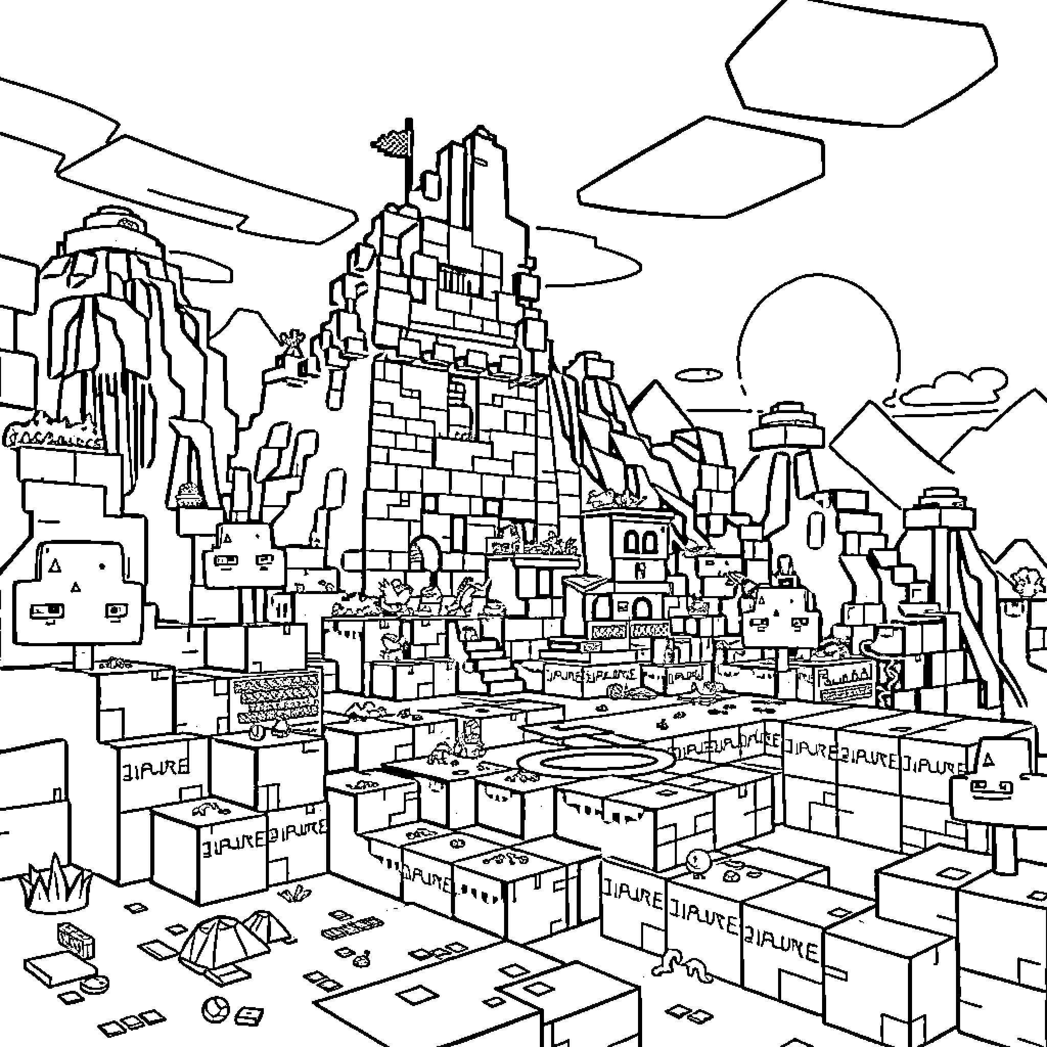 Minecraft City Landscape with Architectural Structures Coloring Page (free black-and-white line drawing printable PDF for all, from beginners to advanced learners, including children, teens, adults, and seniors)
