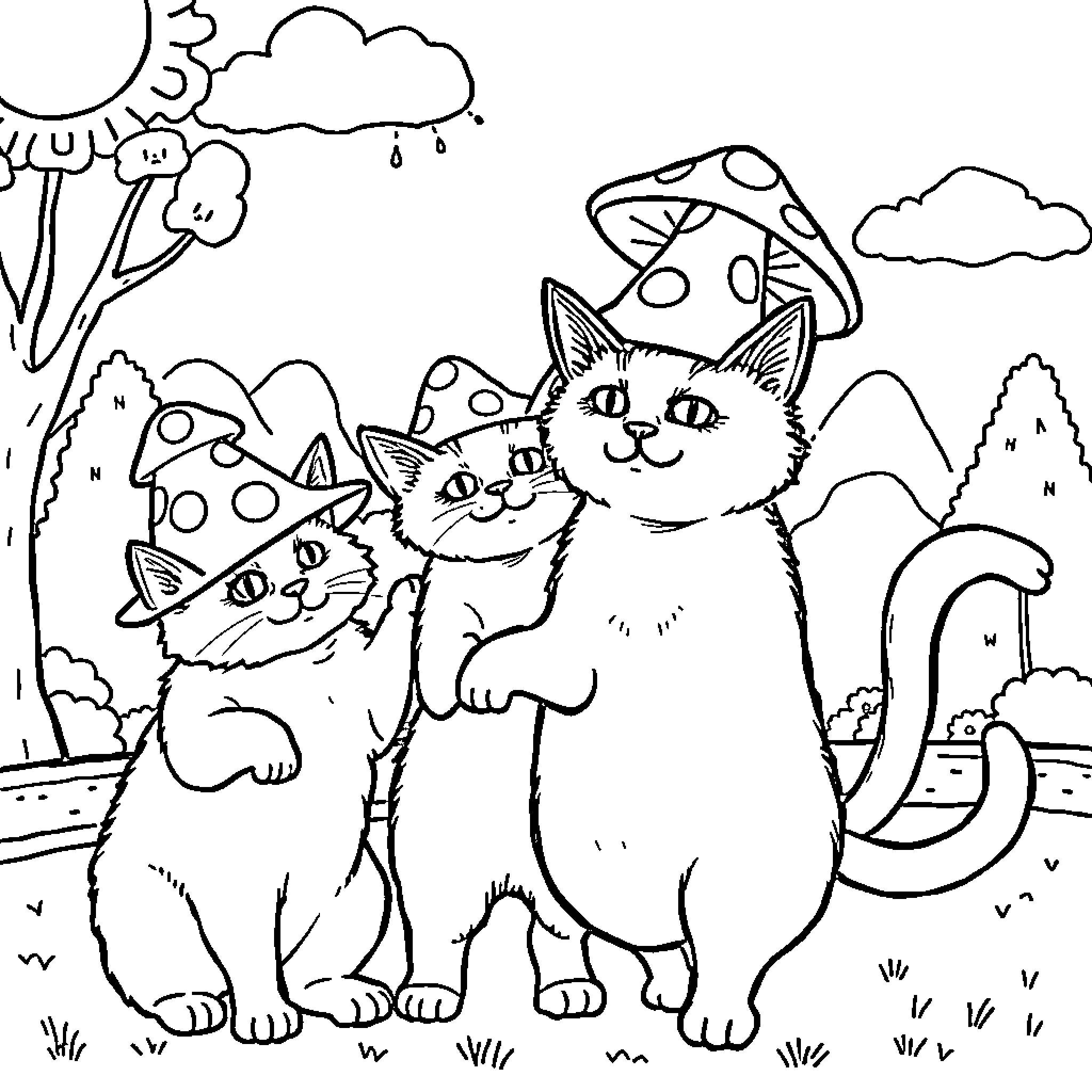 Cats wearing mushroom hats in the forest Coloring Page (free black-and-white line drawing printable PDF for all, from beginners to advanced learners, including children, teens, adults, and seniors)