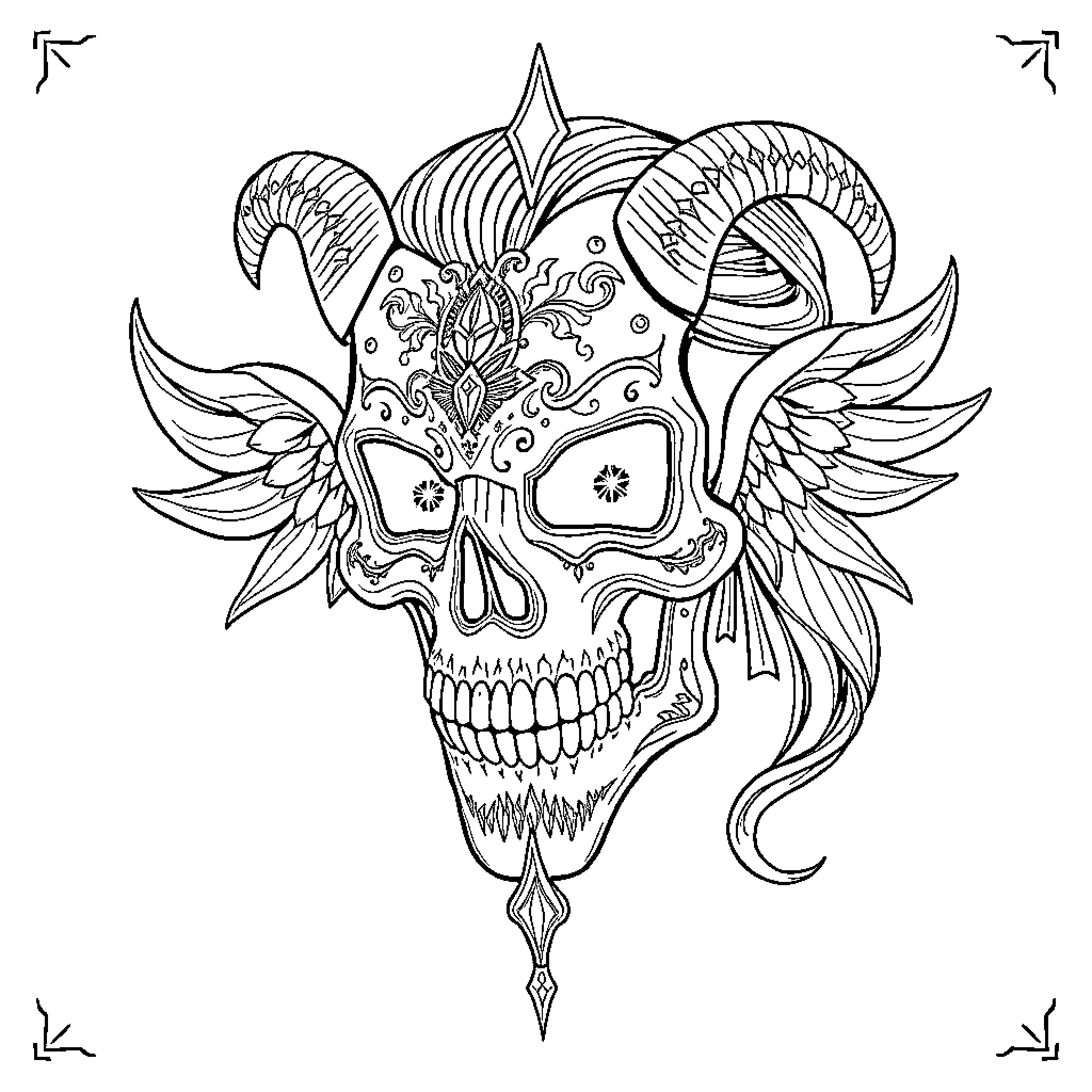 Cancer Mask with Elaborate Floral and Skull Design Coloring Page (free black-and-white line drawing printable PDF for all, from beginners to advanced learners, including children, teens, adults, and seniors)