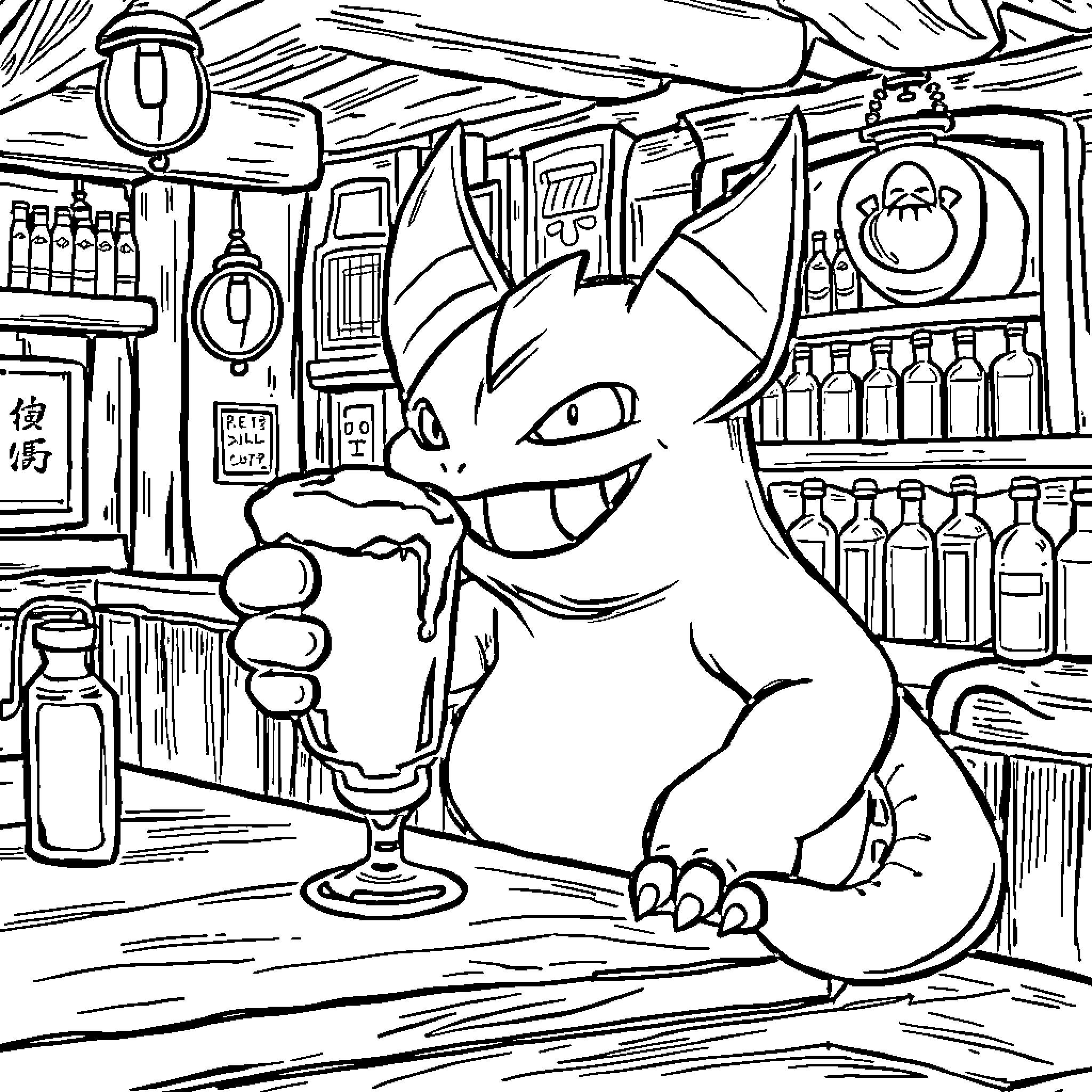 Gengar enjoying a drink at the bar Coloring Page (free black-and-white line drawing printable PDF for all, from beginners to advanced learners, including children, teens, adults, and seniors)