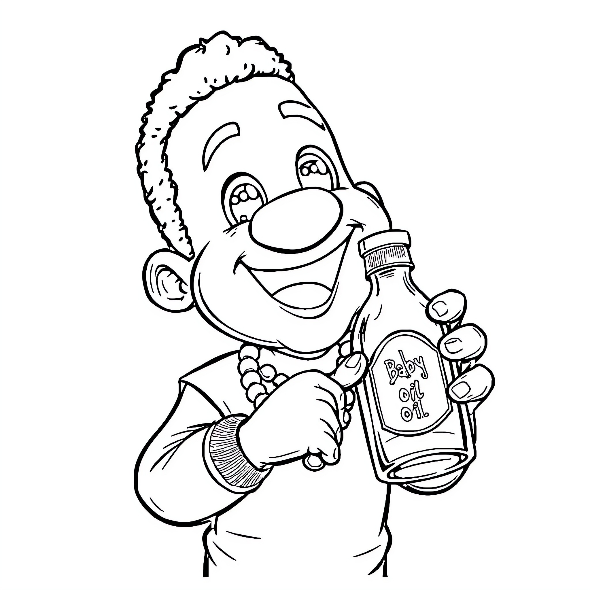 Diddy holding Baby oil with excitement Coloring Page (free black-and-white line drawing printable PDF for all, from beginners to advanced learners, including children, teens, adults, and seniors)