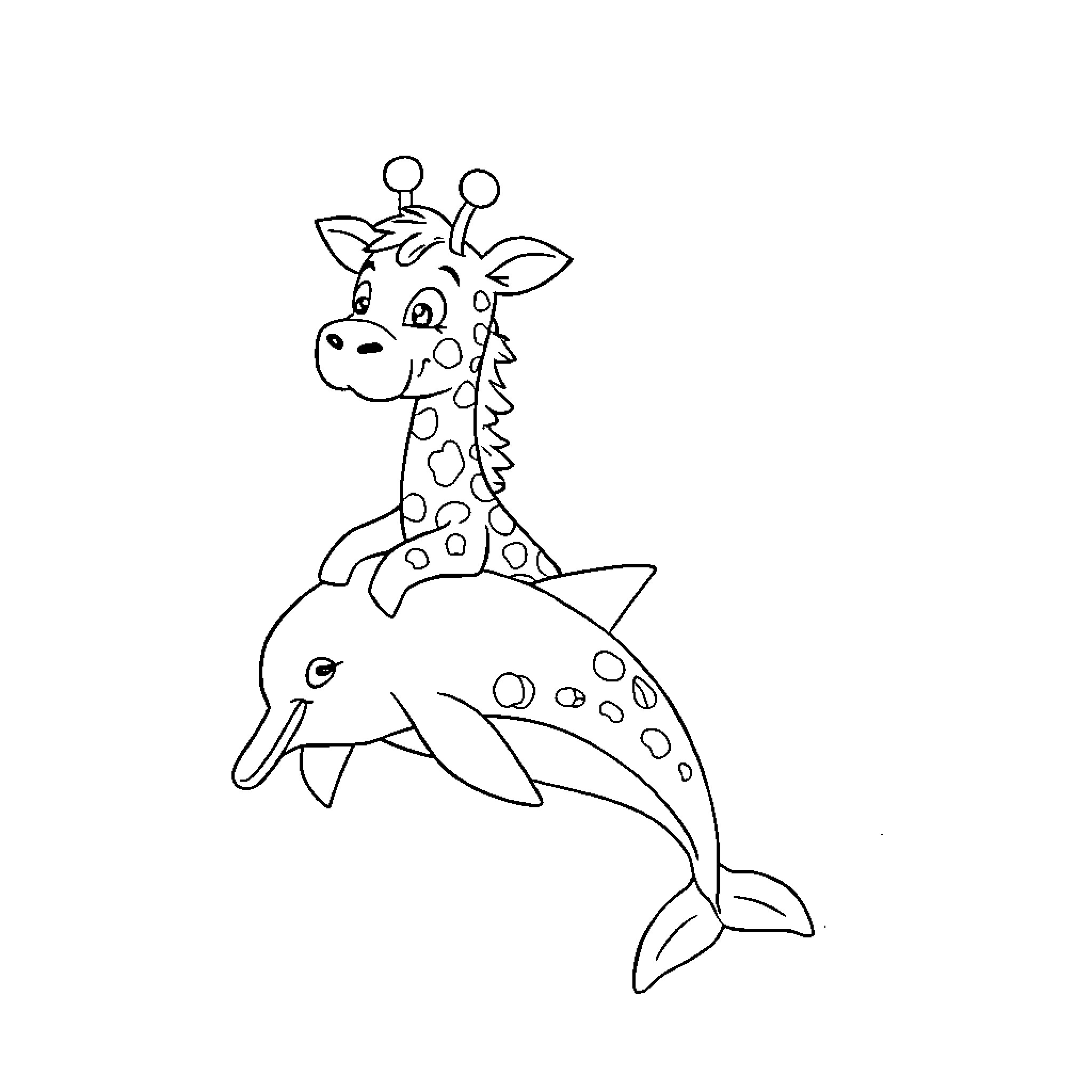 Monkey riding a dolphin in the ocean Coloring Page (free black-and-white line drawing printable PDF for all, from beginners to advanced learners, including children, teens, adults, and seniors)
