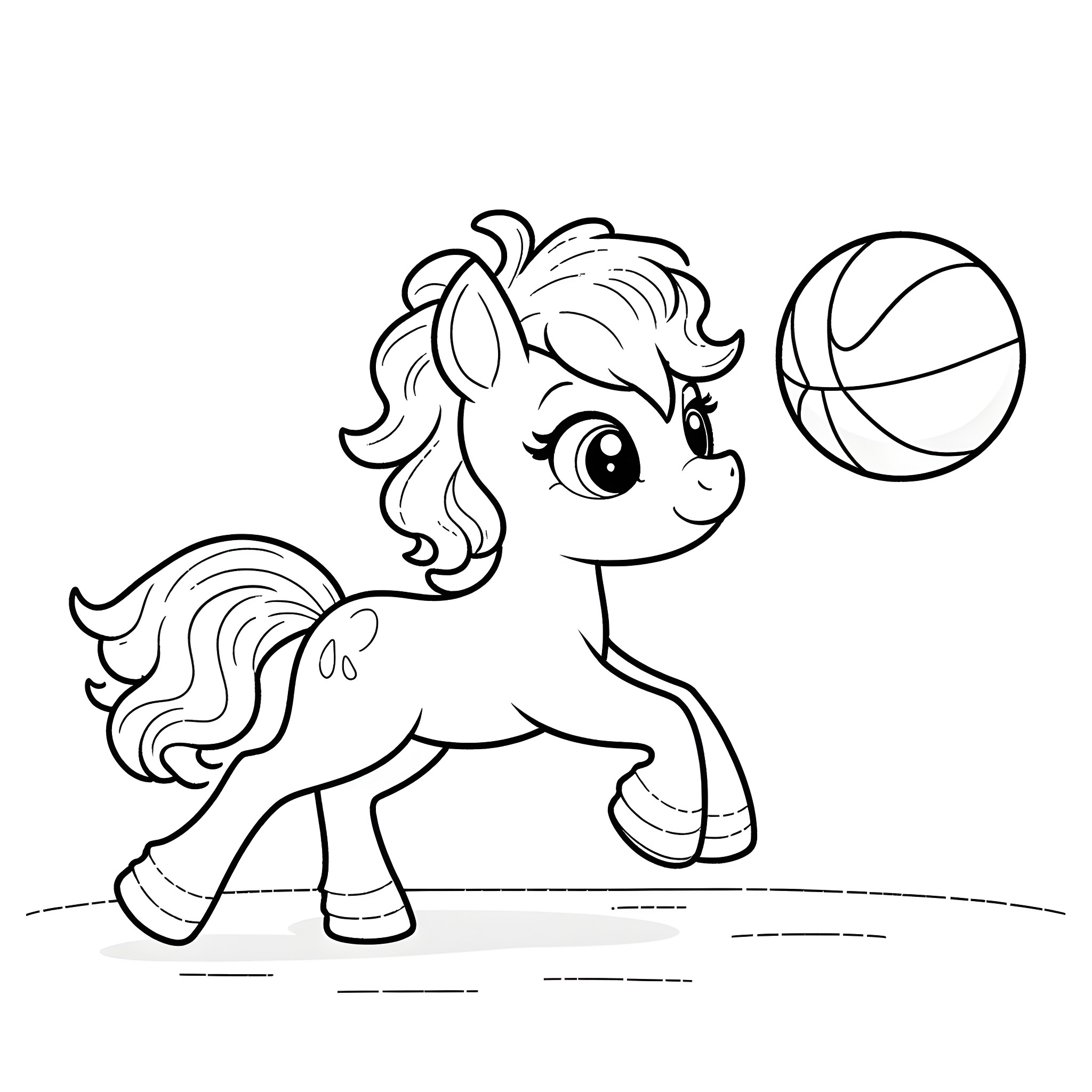 Pony playing with a basketball Coloring Page (free black-and-white line drawing printable PDF for all, from beginners to advanced learners, including children, teens, adults, and seniors)