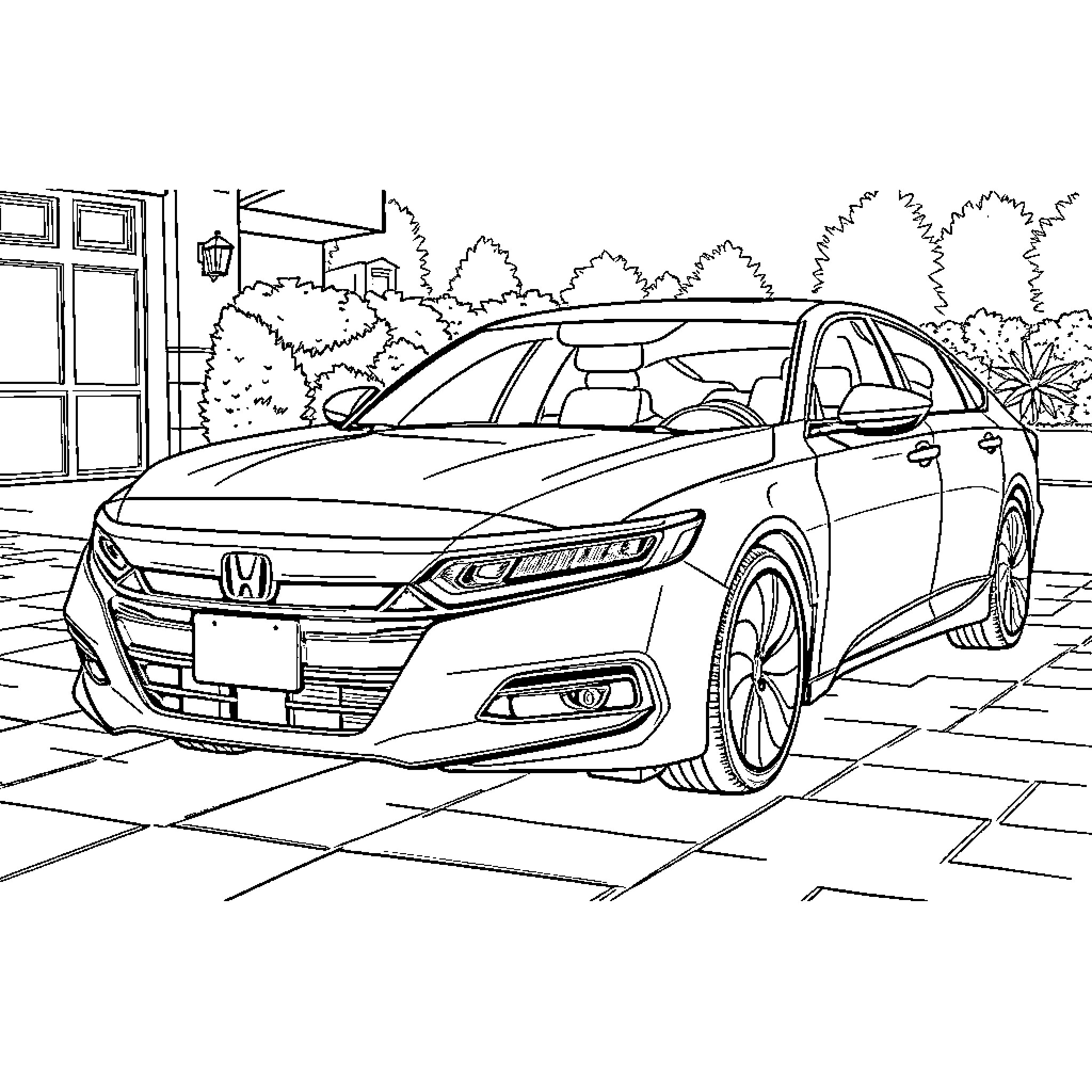 Honda Accord Parked in Neighborhood Coloring Page (free black-and-white line drawing printable PDF for all, from beginners to advanced learners, including children, teens, adults, and seniors)