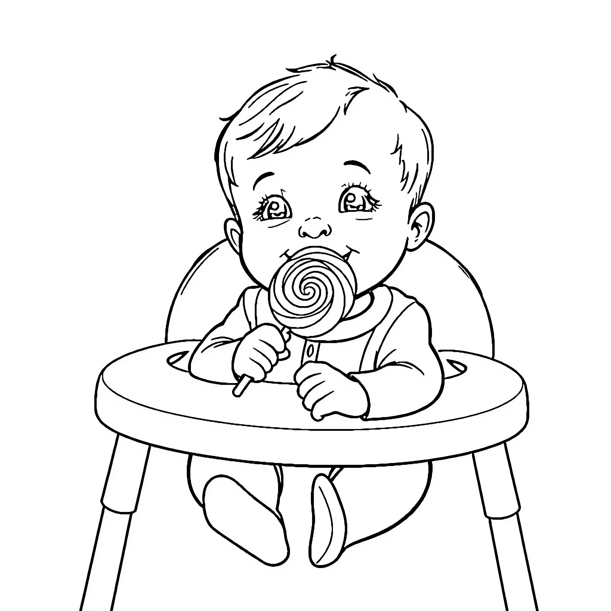 Baby enjoying a sweet treat in highchair Coloring Page (free black-and-white line drawing printable PDF for all, from beginners to advanced learners, including children, teens, adults, and seniors)