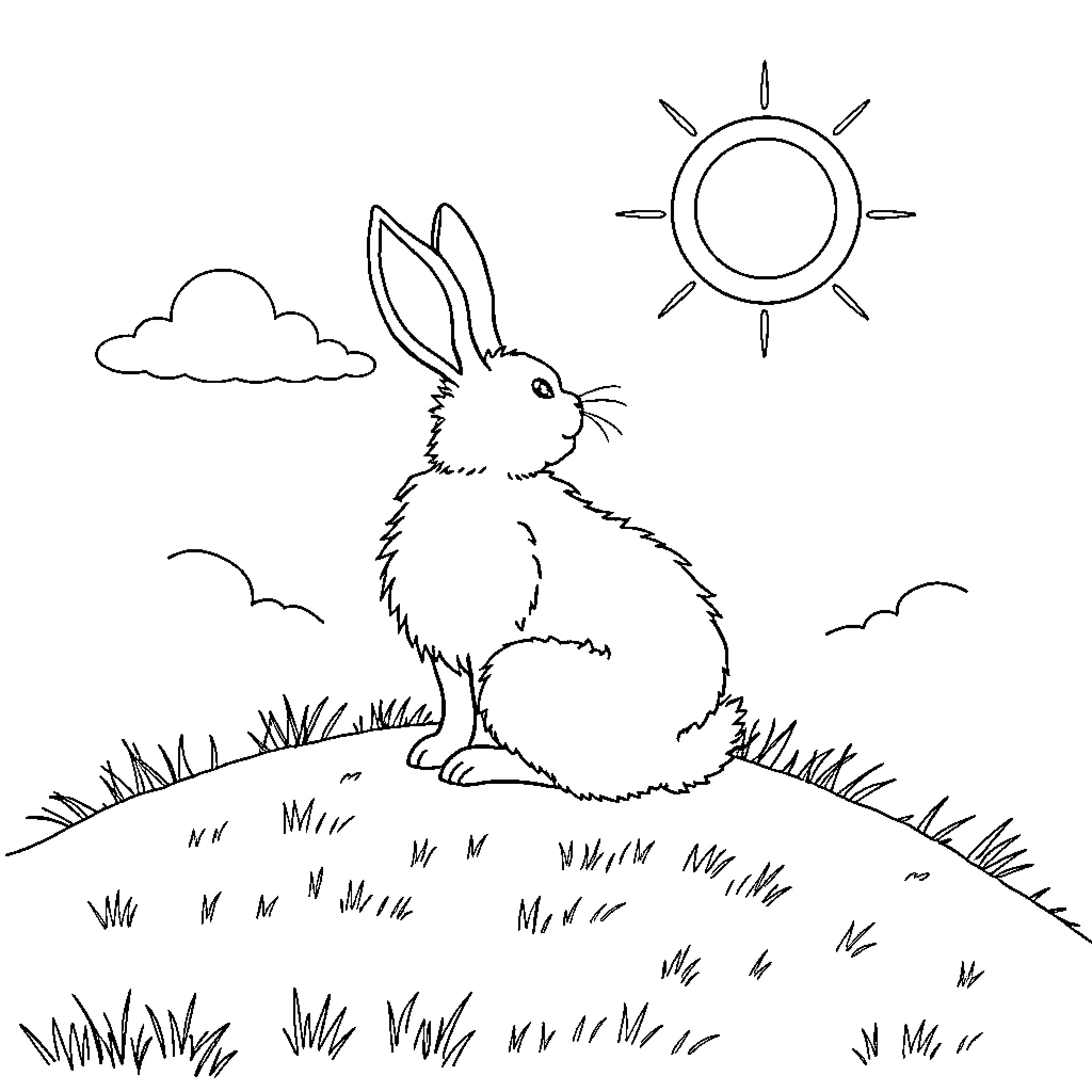 Rabbit enjoying a sunny day in the meadow Coloring Page (free black-and-white line drawing printable PDF for all, from beginners to advanced learners, including children, teens, adults, and seniors)
