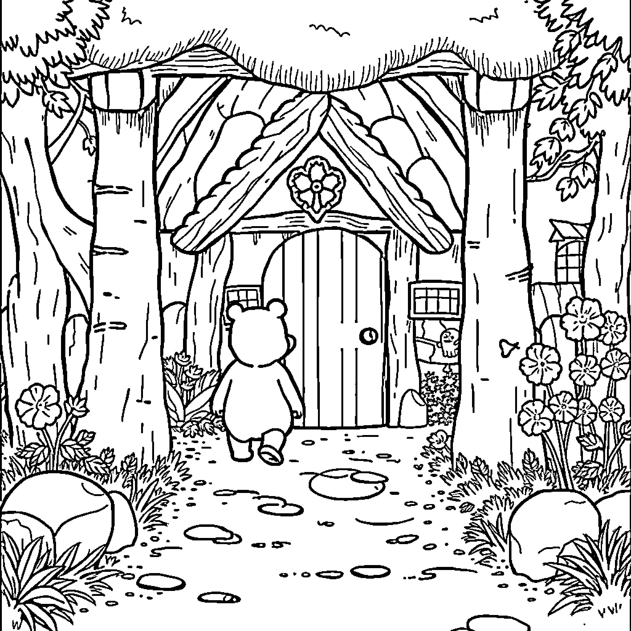 Goldilocks walking towards a small cottage in the woods Coloring Page (free black-and-white line drawing printable PDF for all, from beginners to advanced learners, including children, teens, adults, and seniors)