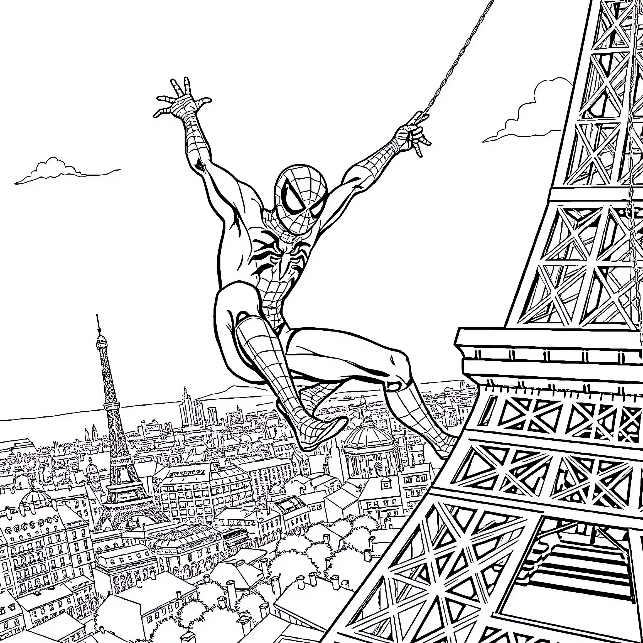 Spiderman swinging through the city skyline Coloring Page (free black-and-white line drawing printable PDF for all, from beginners to advanced learners, including children, teens, adults, and seniors)