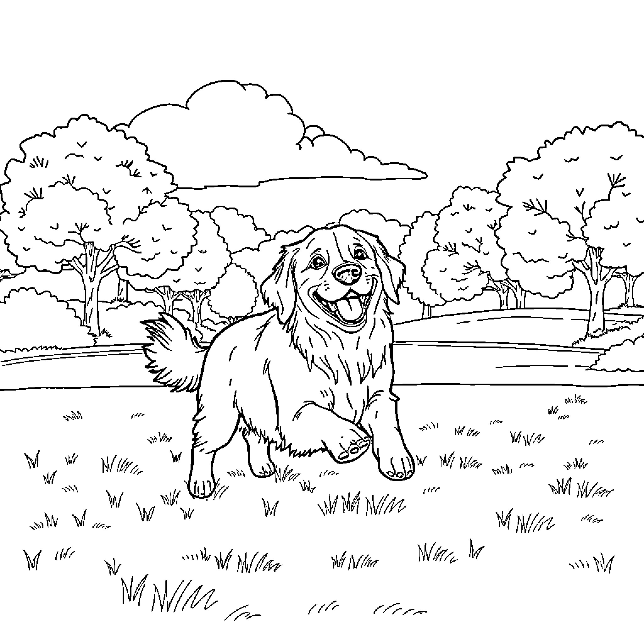 Golden Retriever enjoying a serene outdoor scene Coloring Page (free black-and-white line drawing printable PDF for all, from beginners to advanced learners, including children, teens, adults, and seniors)