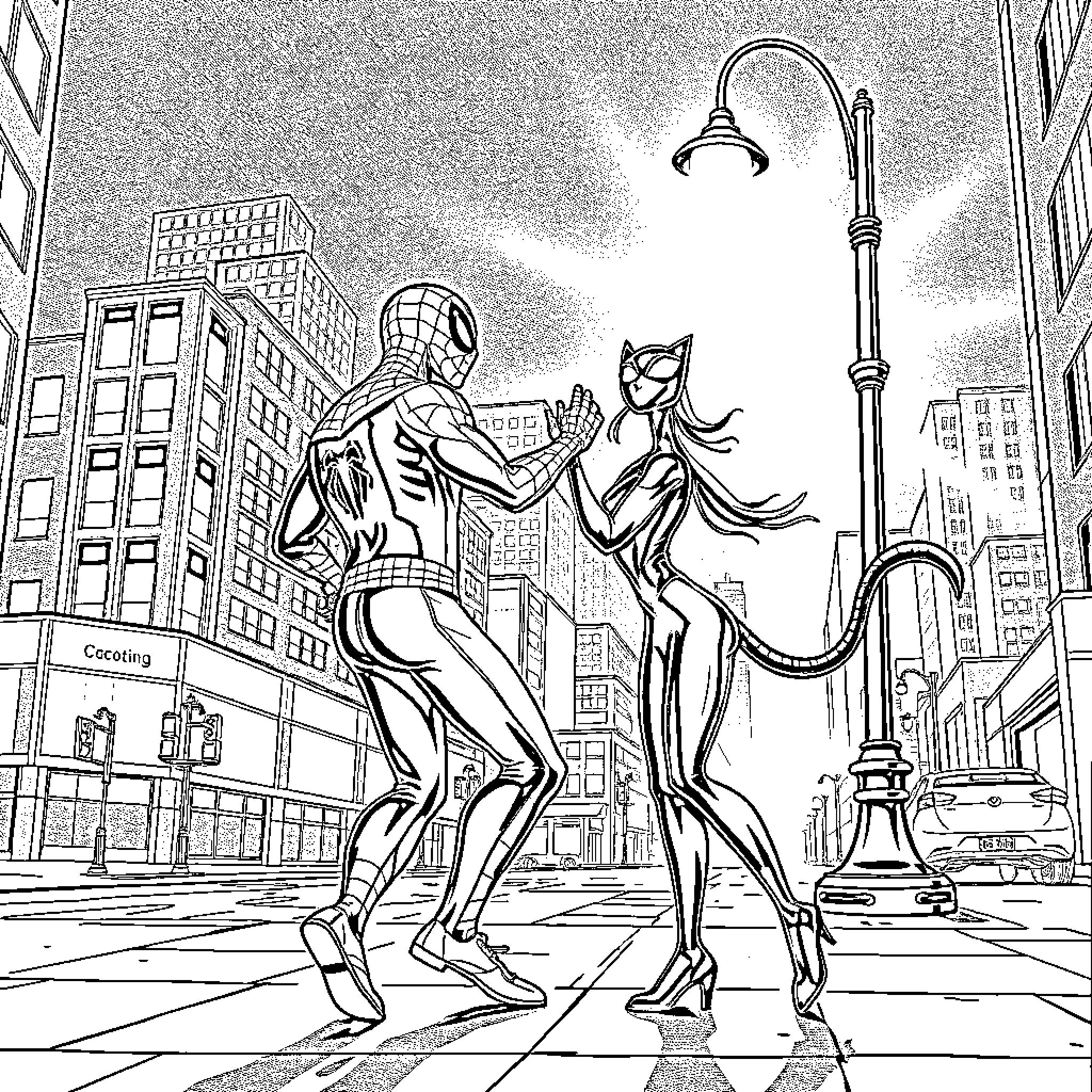 Spider-Man fighting villain in city street Coloring Page (free black-and-white line drawing printable PDF for all, from beginners to advanced learners, including children, teens, adults, and seniors)