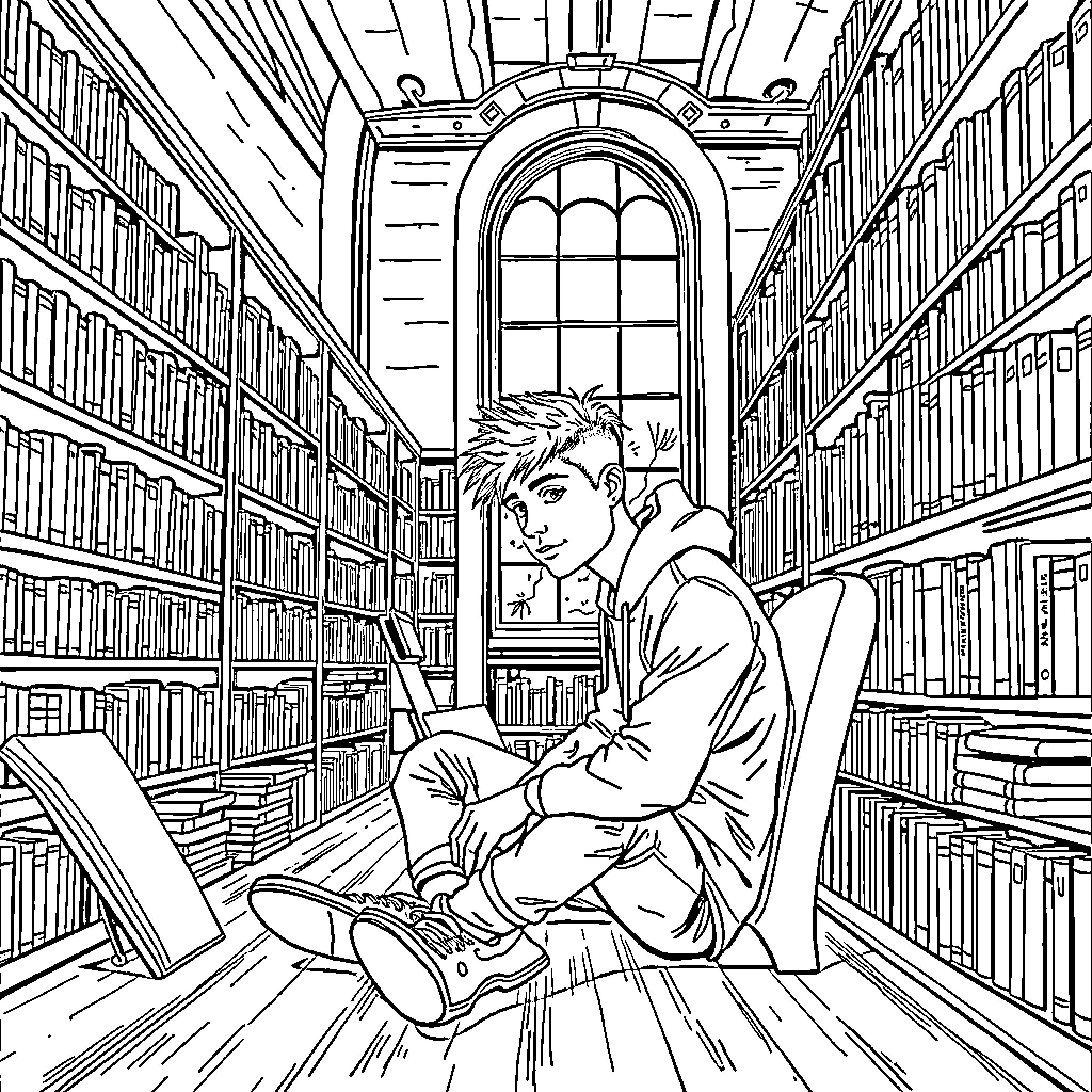 Justin Bieber reading books in a library Coloring Page (free black-and-white line drawing printable PDF for all, from beginners to advanced learners, including children, teens, adults, and seniors)