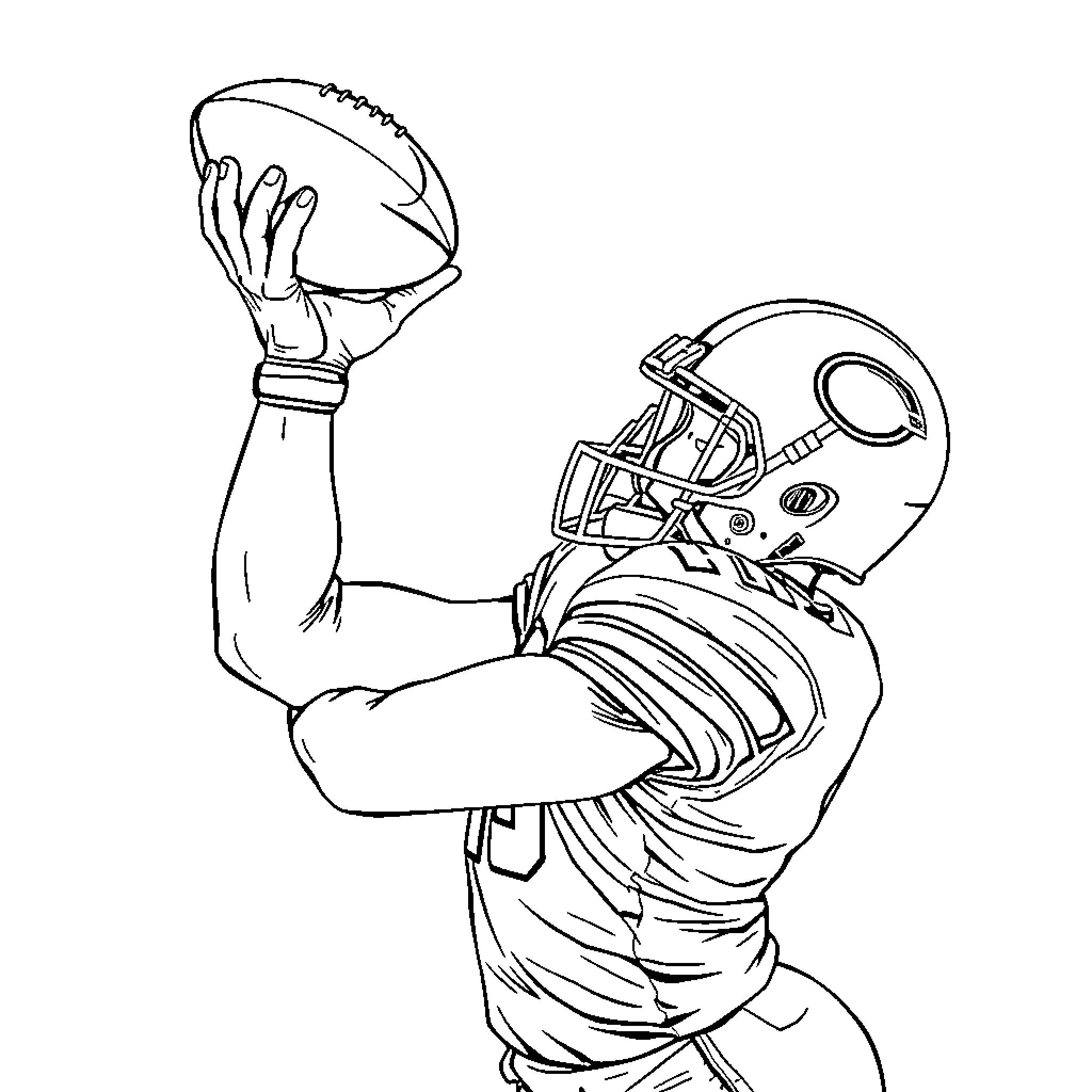 Football player in action ready to catch the ball Coloring Page (free black-and-white line drawing printable PDF for all, from beginners to advanced learners, including children, teens, adults, and seniors)