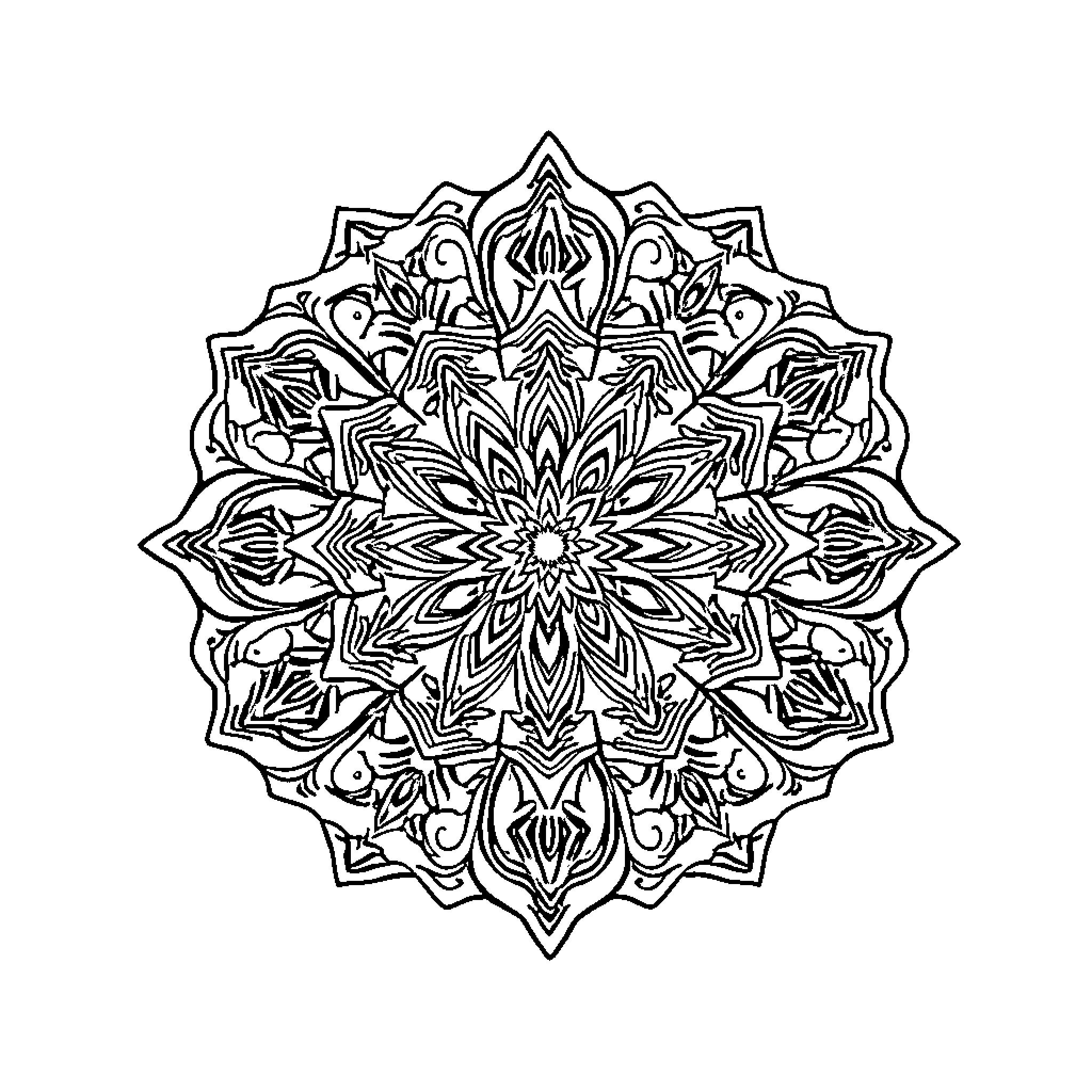 Mandala of intricate floral patterns Coloring Page (free black-and-white line drawing printable PDF for all, from beginners to advanced learners, including children, teens, adults, and seniors)