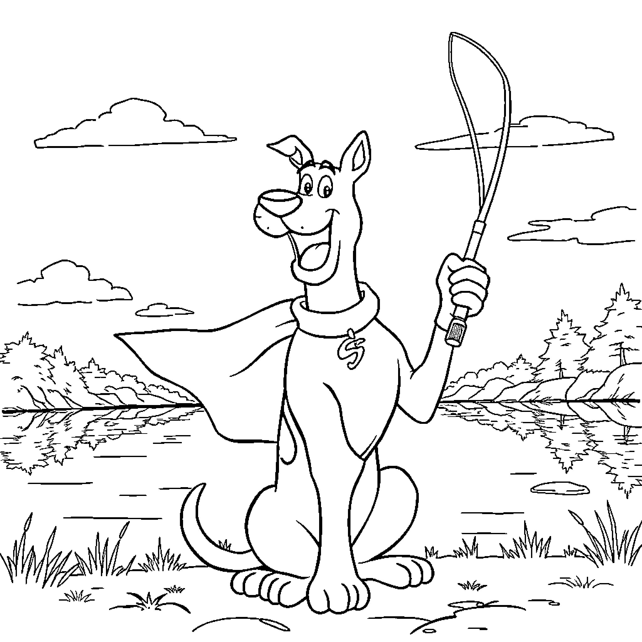 Scooby Doo fishing in the great outdoors Coloring Page (free black-and-white line drawing printable PDF for all, from beginners to advanced learners, including children, teens, adults, and seniors)