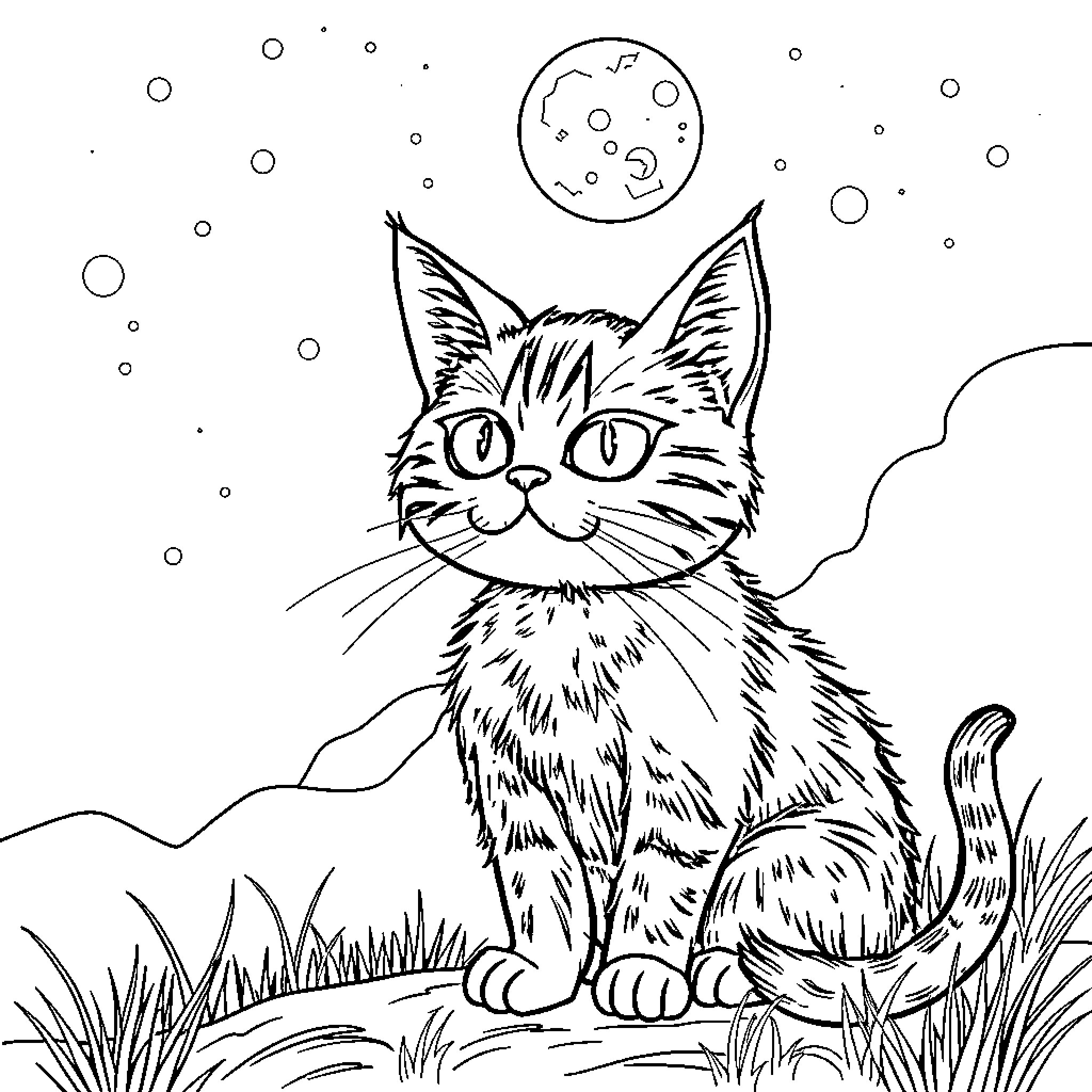 Chat with cat under moonlight Coloring Page (free black-and-white line drawing printable PDF for all, from beginners to advanced learners, including children, teens, adults, and seniors)