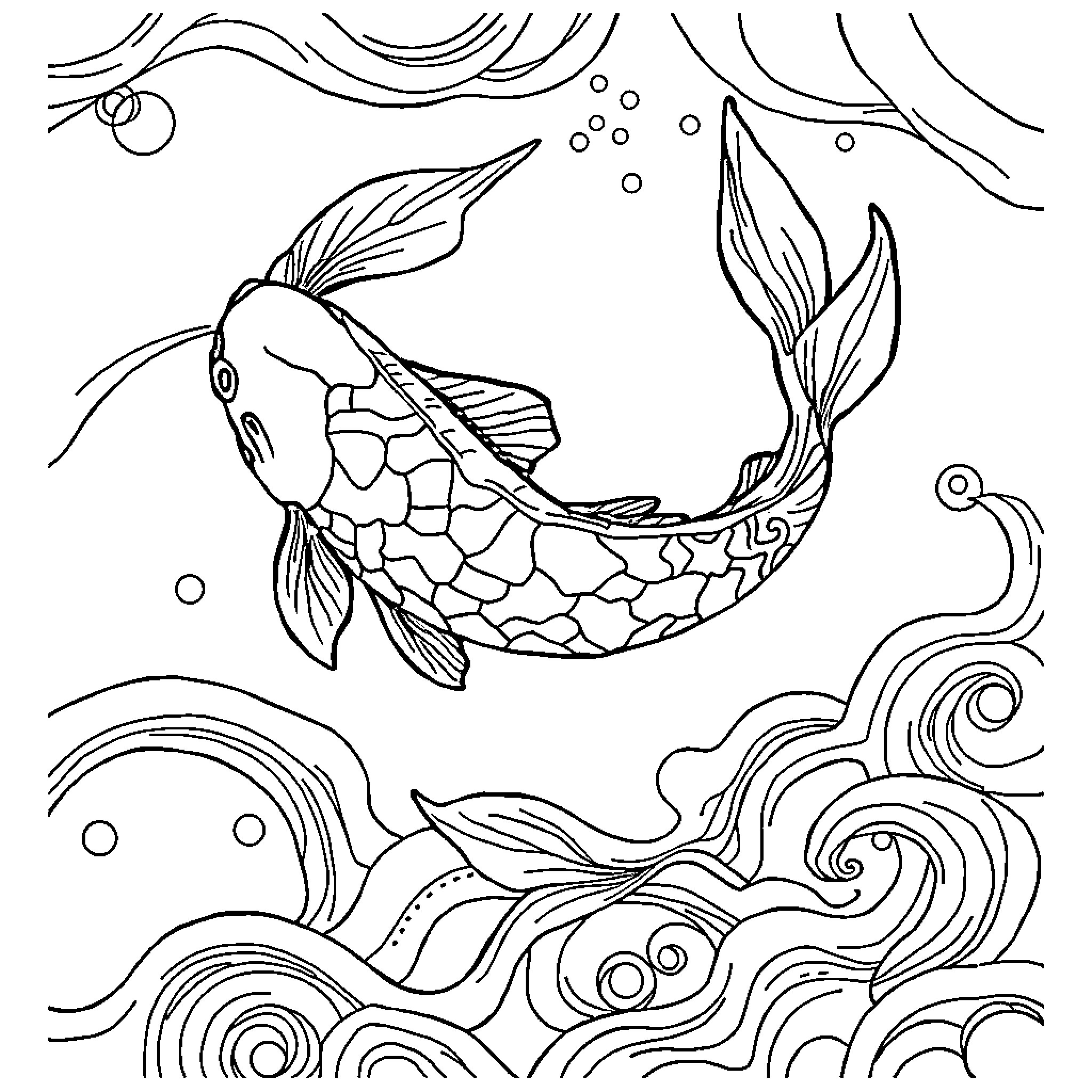 Koi Fish Gracefully Navigating Underwater Currents Coloring Page (free black-and-white line drawing printable PDF for all, from beginners to advanced learners, including children, teens, adults, and seniors)
