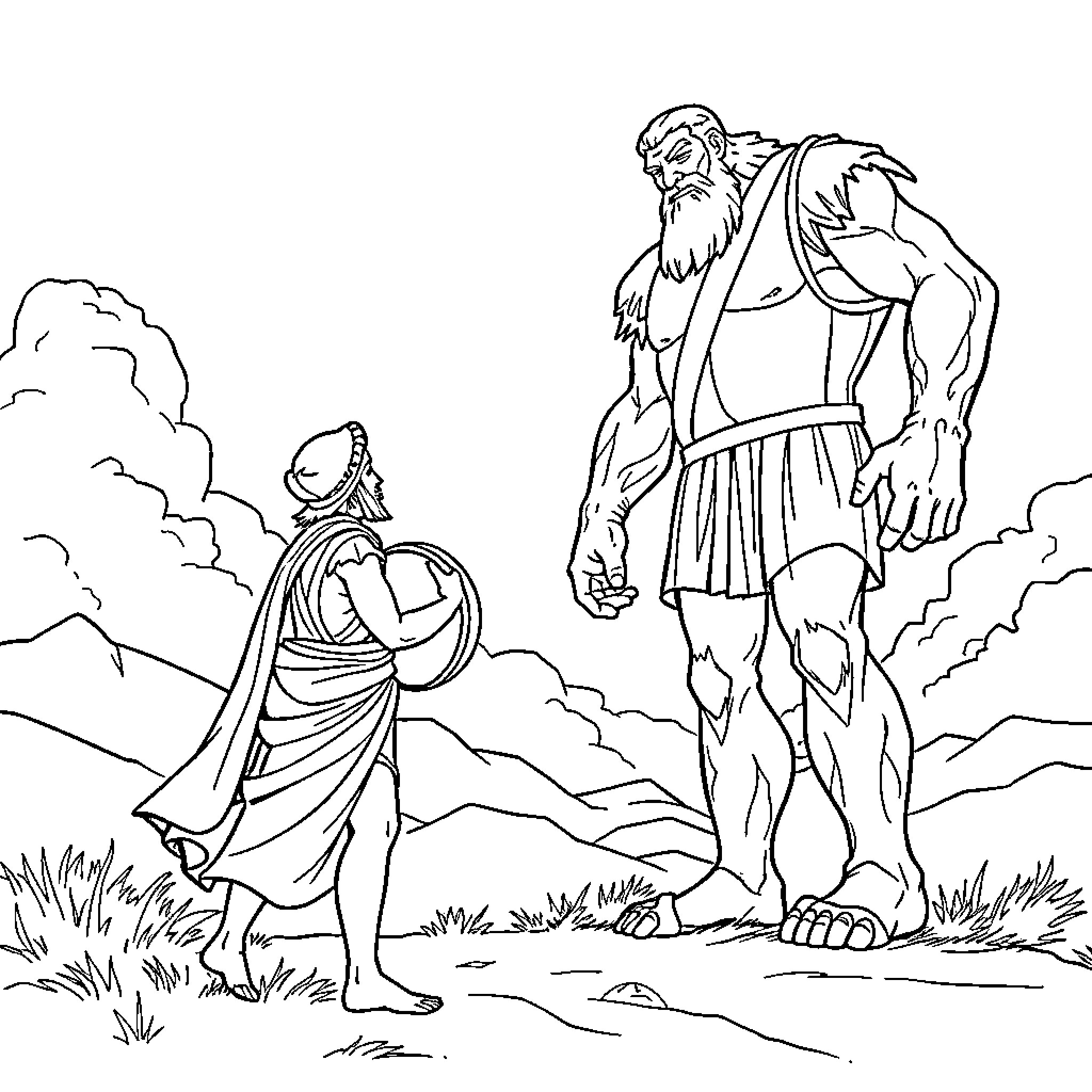 David facing the mighty Goliath Coloring Page (free black-and-white line drawing printable PDF for all, from beginners to advanced learners, including children, teens, adults, and seniors)