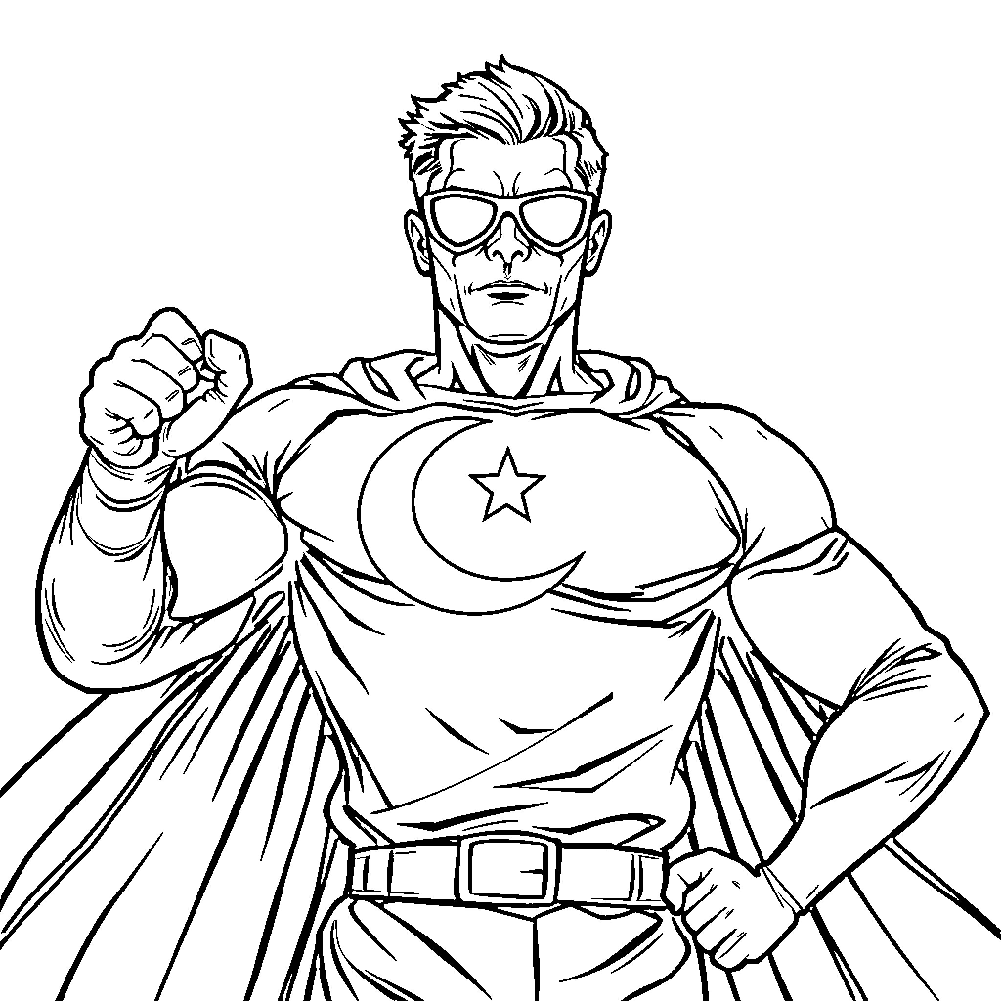 Super Hero in Heroic Stance and Costume Coloring Page (free black-and-white line drawing printable PDF for all, from beginners to advanced learners, including children, teens, adults, and seniors)