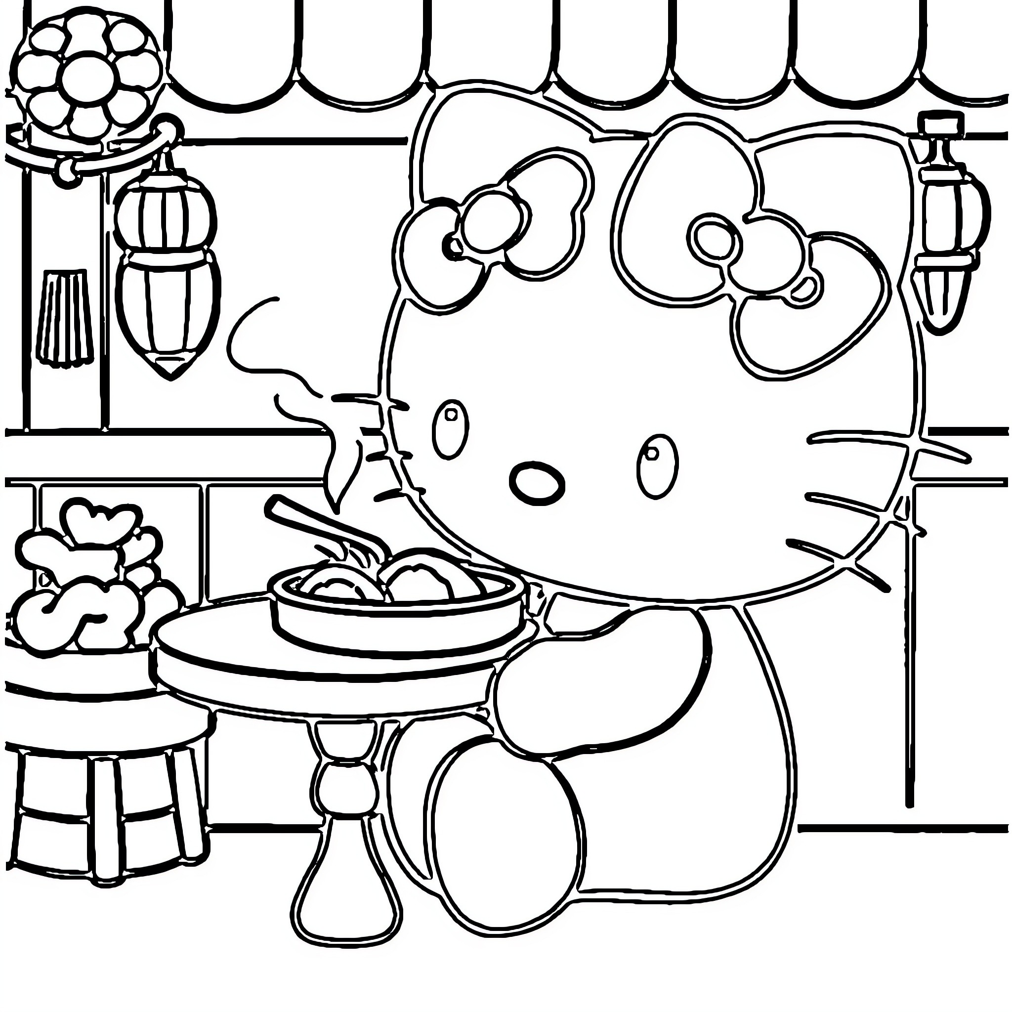 Hello Kitty cooking in the kitchen Coloring Page (free black-and-white line drawing printable PDF for all, from beginners to advanced learners, including children, teens, adults, and seniors)