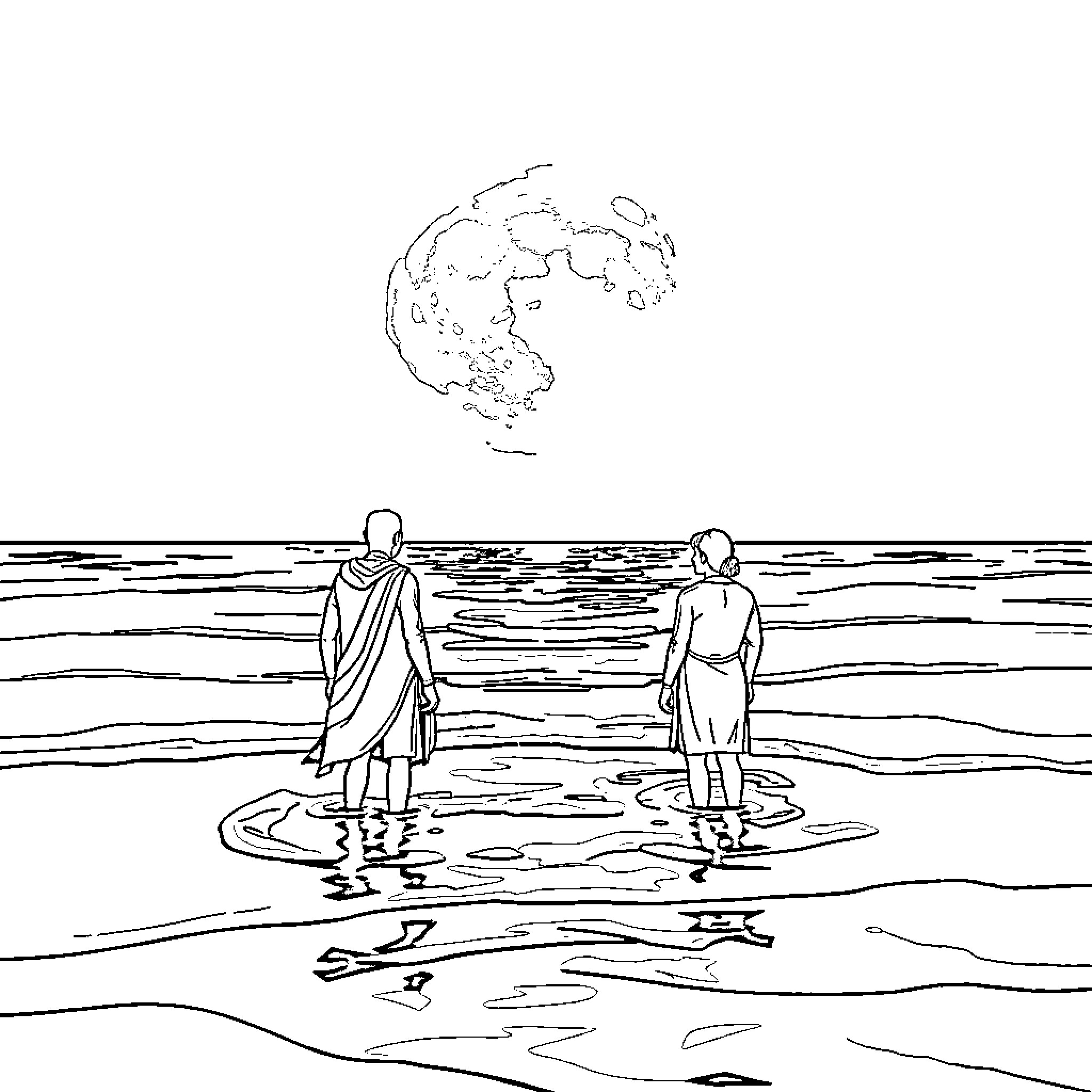 Person walking along the shore at night Coloring Page (free black-and-white line drawing printable PDF for all, from beginners to advanced learners, including children, teens, adults, and seniors)