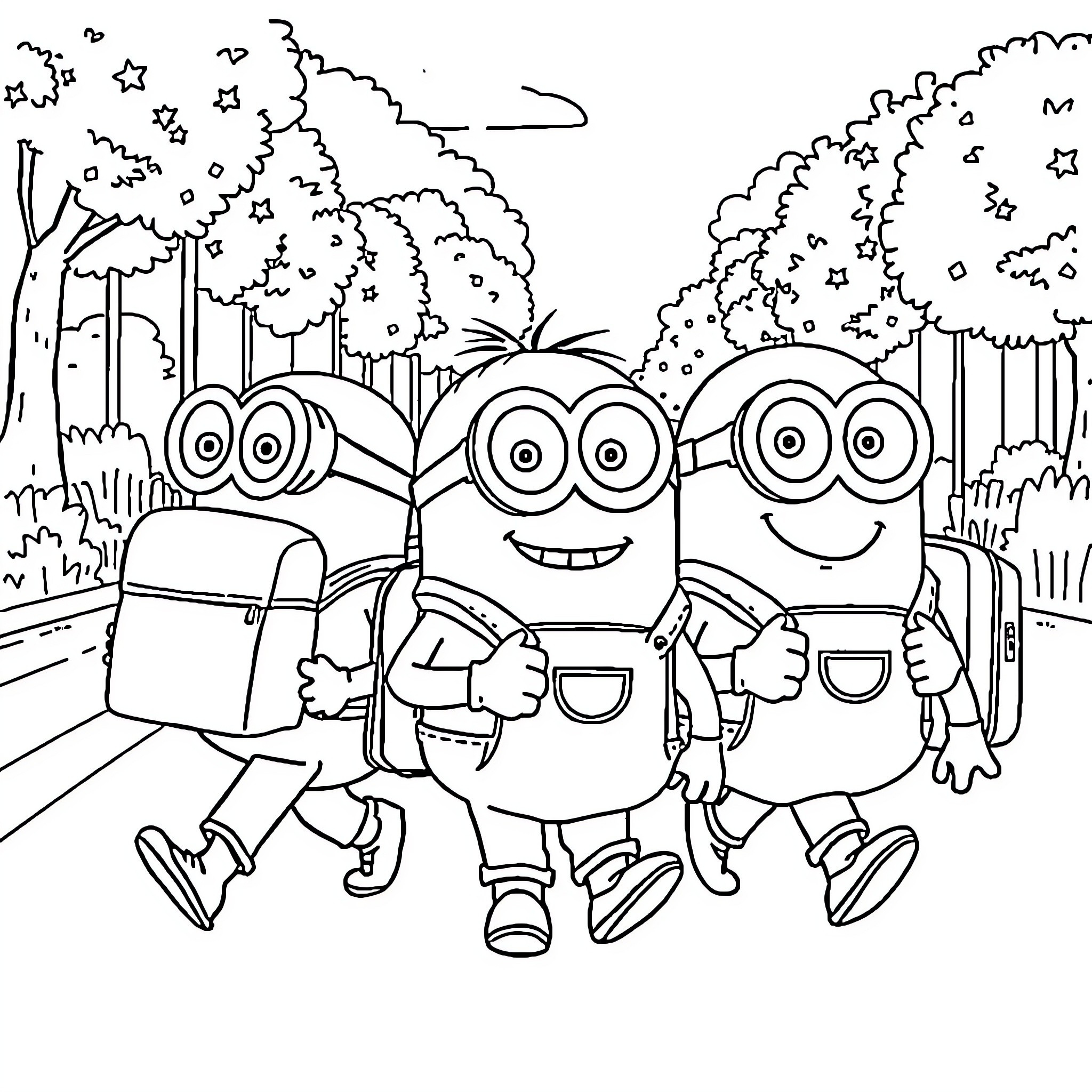 Minions enjoying a friendly hike through the forest Coloring Page (free black-and-white line drawing printable PDF for all, from beginners to advanced learners, including children, teens, adults, and seniors)