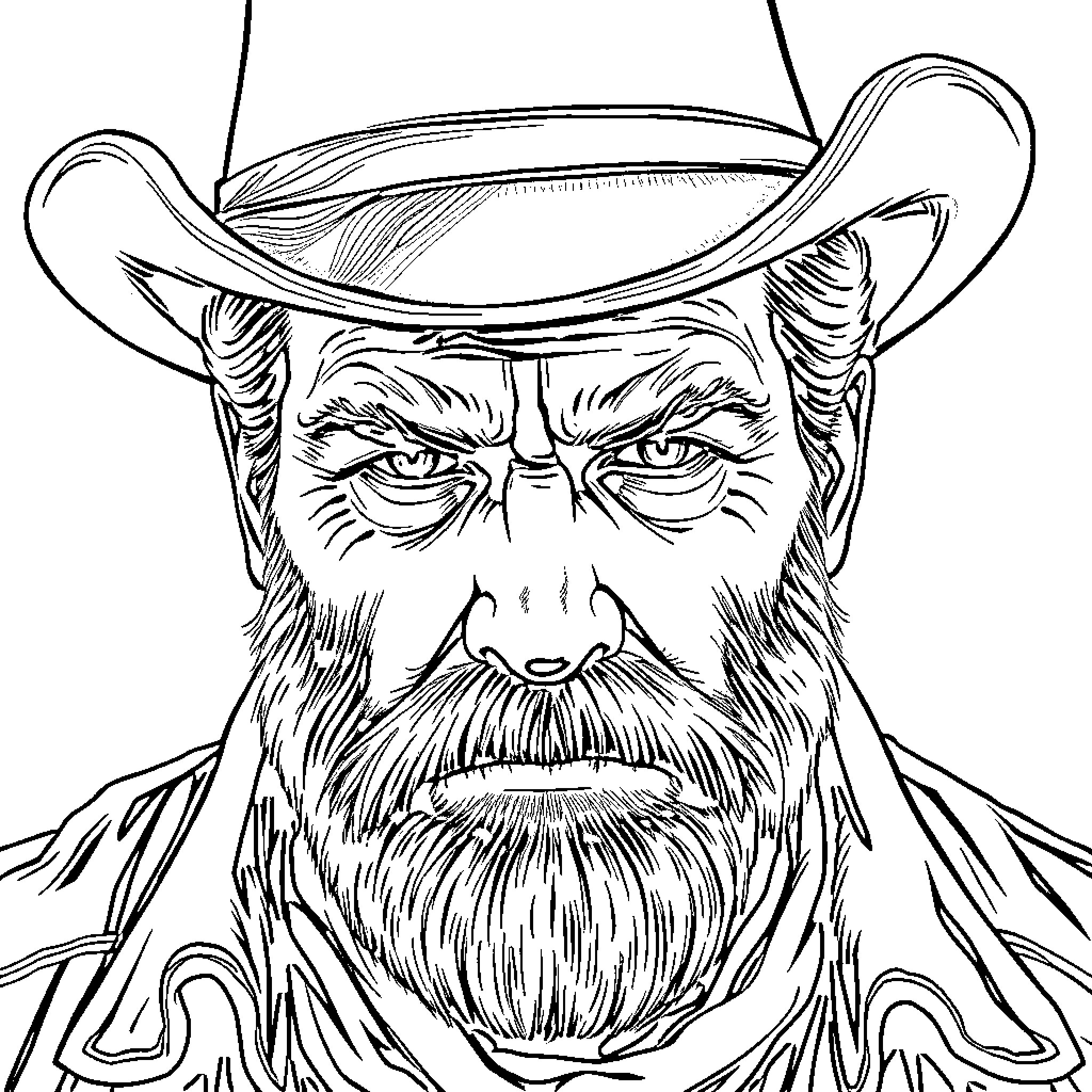Arthur Morgan's Rugged Western Outlaw Portrait Coloring Page (free black-and-white line drawing printable PDF for all, from beginners to advanced learners, including children, teens, adults, and seniors)