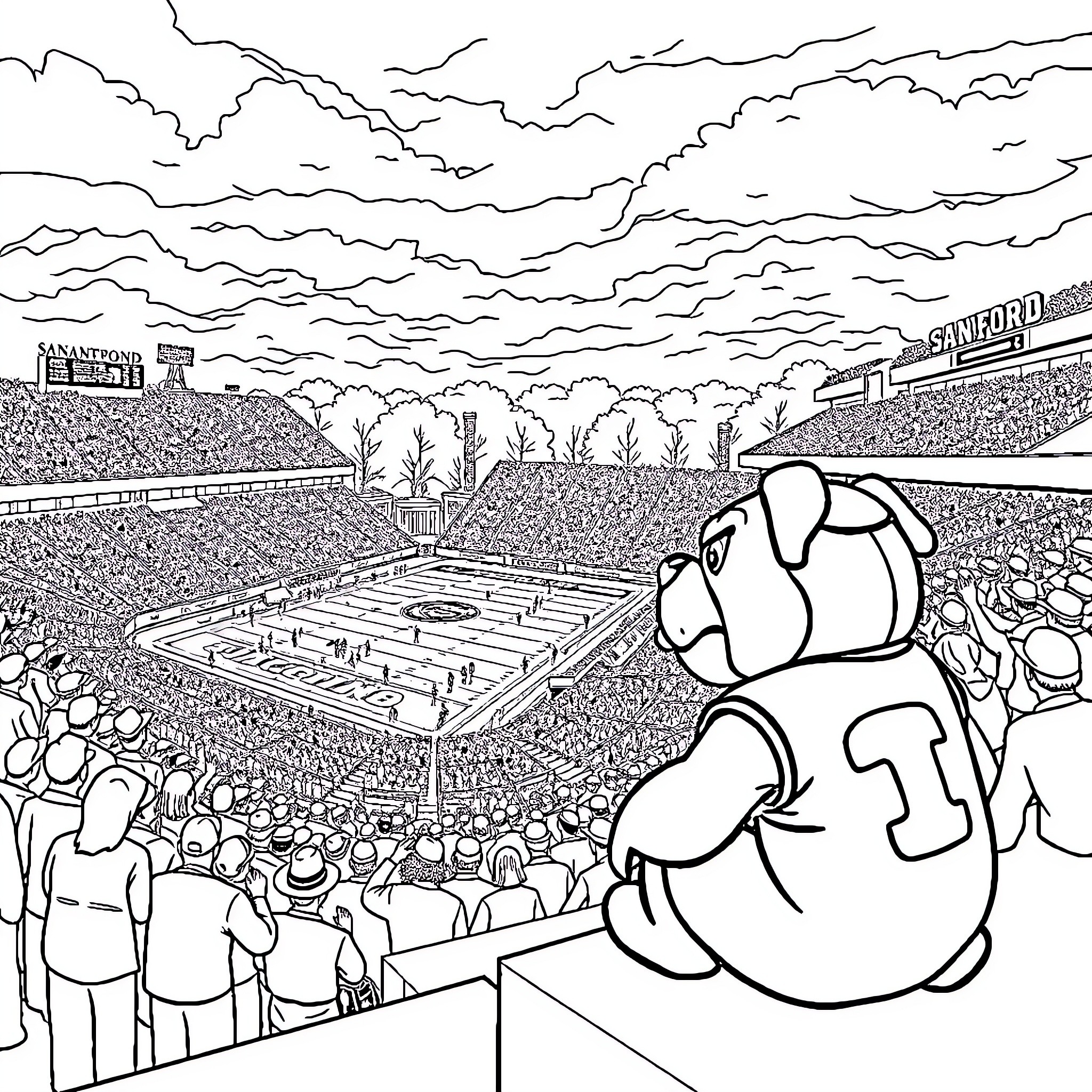 Stadium Filled with Cheering Fans and Game Action Coloring Page (free black-and-white line drawing printable PDF for all, from beginners to advanced learners, including children, teens, adults, and seniors)