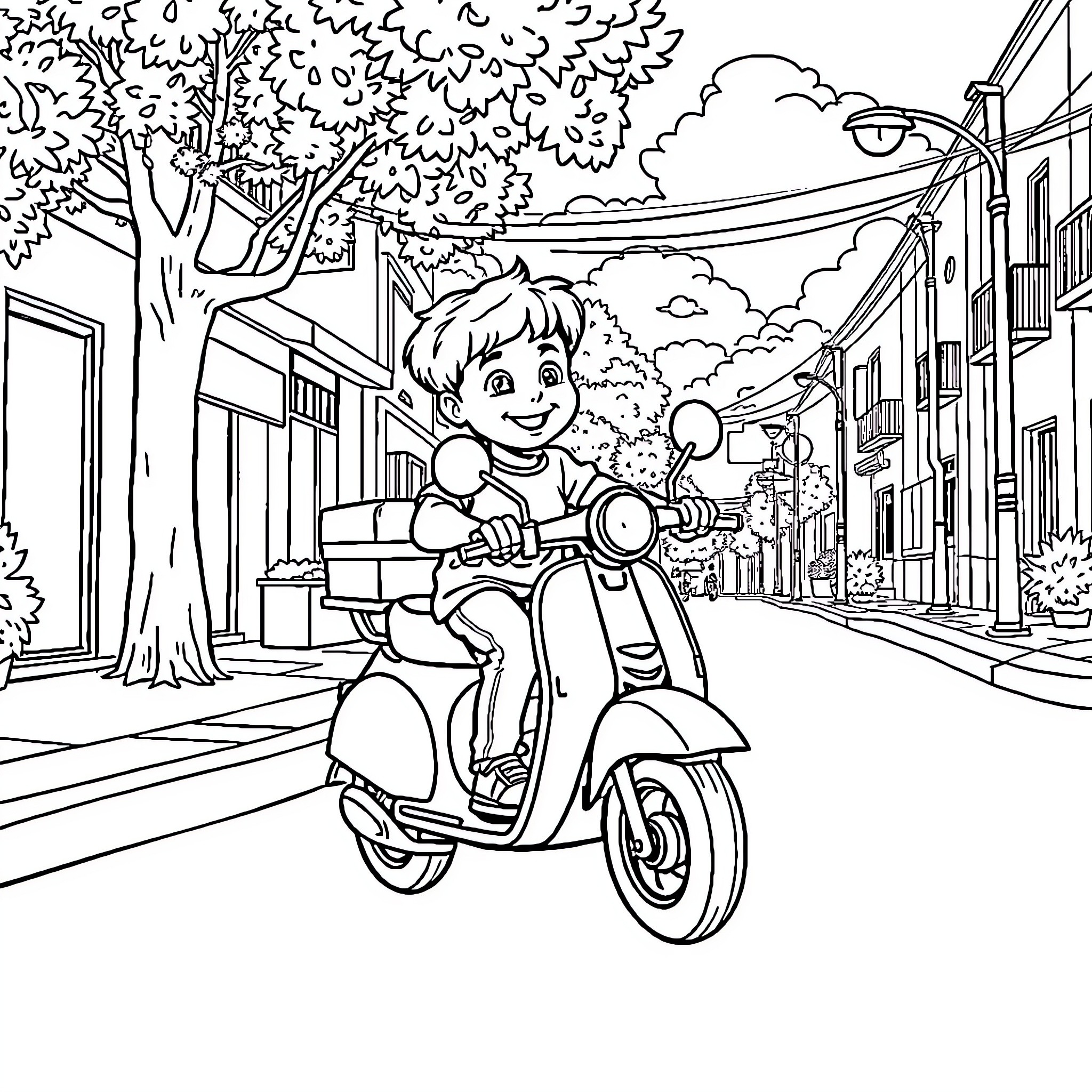 Kid riding scooter on city street Coloring Page (free black-and-white line drawing printable PDF for all, from beginners to advanced learners, including children, teens, adults, and seniors)