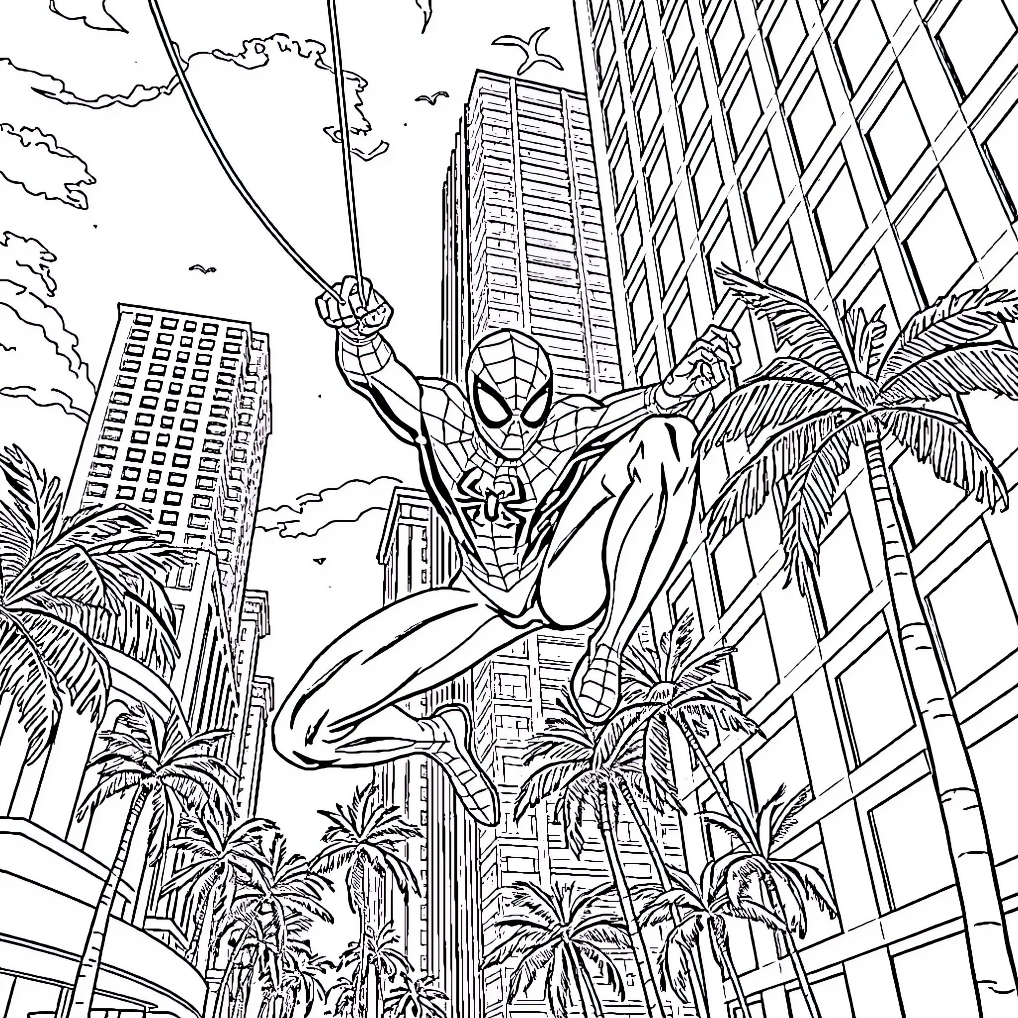 Spider-Man swinging heroically through the city Coloring Page (free black-and-white line drawing printable PDF for all, from beginners to advanced learners, including children, teens, adults, and seniors)