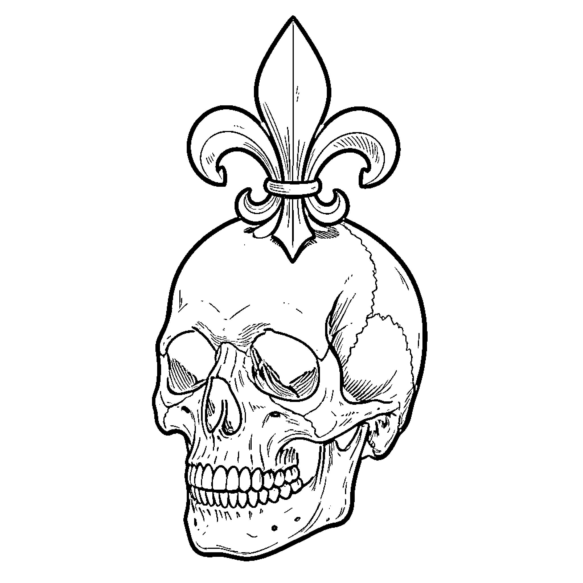 Skull adorned with fleur-de-lis symbol Coloring Page (free black-and-white line drawing printable PDF for all, from beginners to advanced learners, including children, teens, adults, and seniors)
