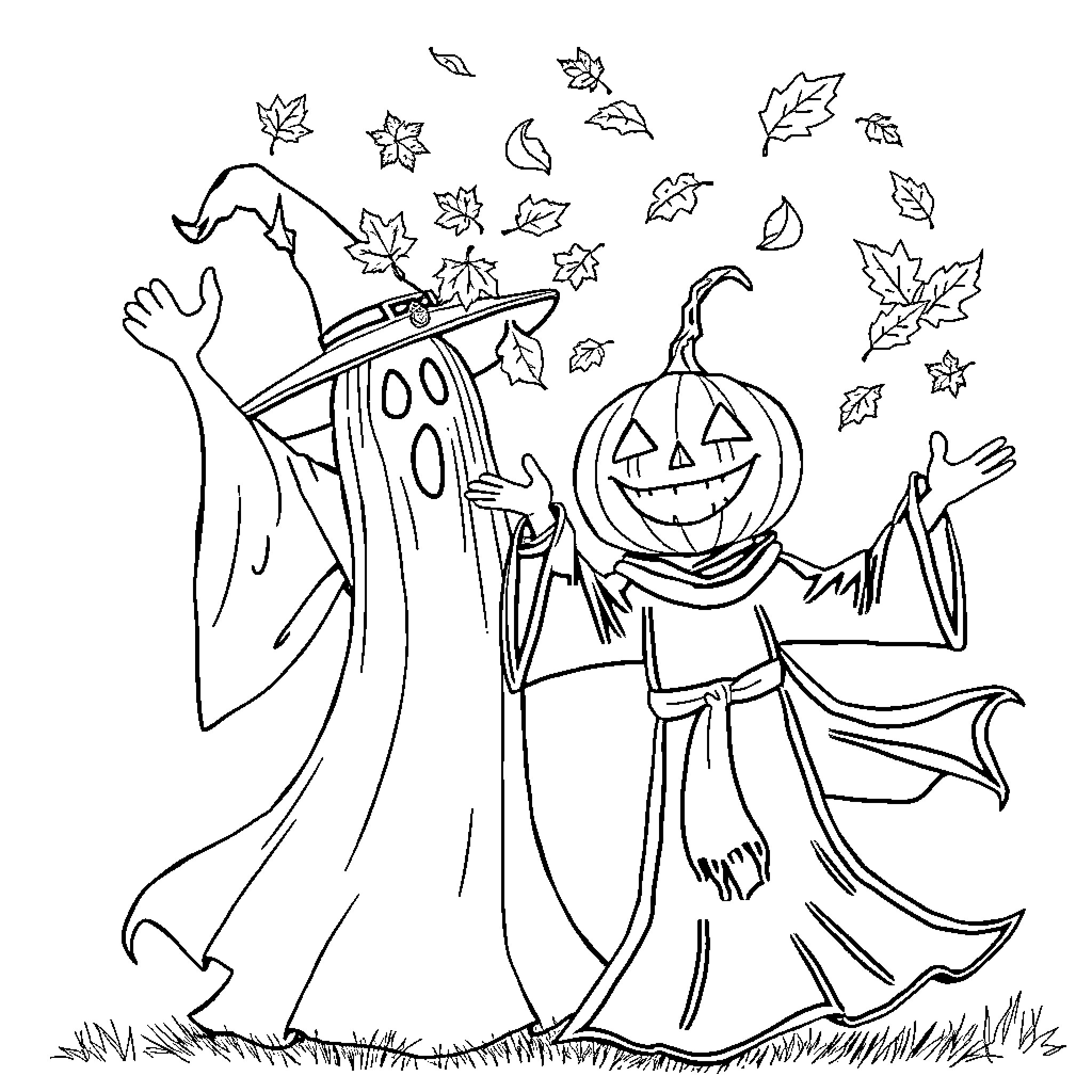Witch and pumpkin-headed figure in autumn Coloring Page (free black-and-white line drawing printable PDF for all, from beginners to advanced learners, including children, teens, adults, and seniors)