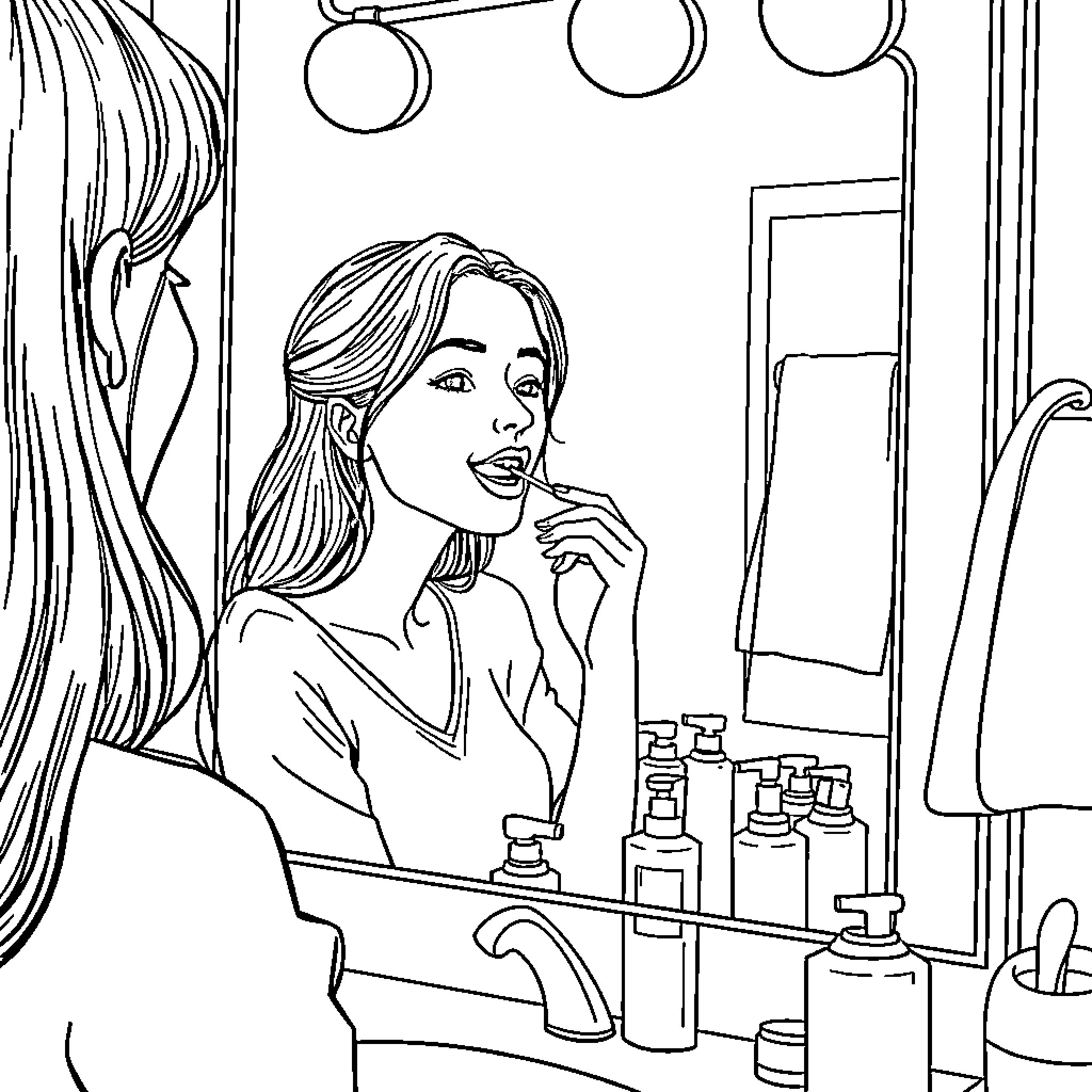 Wife applying makeup in front of mirror Coloring Page (free black-and-white line drawing printable PDF for all, from beginners to advanced learners, including children, teens, adults, and seniors)