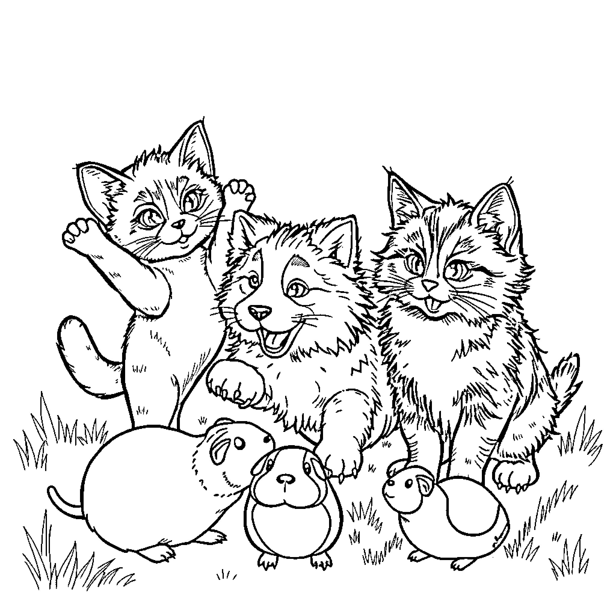 Kitty companions playing merrily in the meadow Coloring Page (free black-and-white line drawing printable PDF for all, from beginners to advanced learners, including children, teens, adults, and seniors)