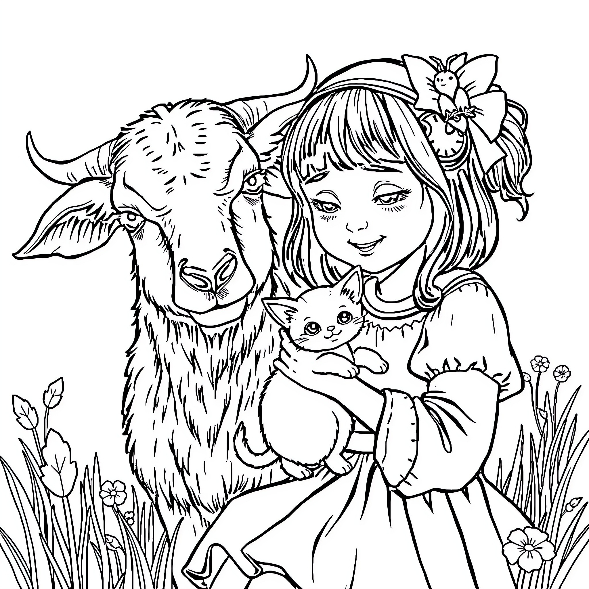 Girl posing with her pet goat and kitten in a floral field Coloring Page (free black-and-white line drawing printable PDF for all, from beginners to advanced learners, including children, teens, adults, and seniors)