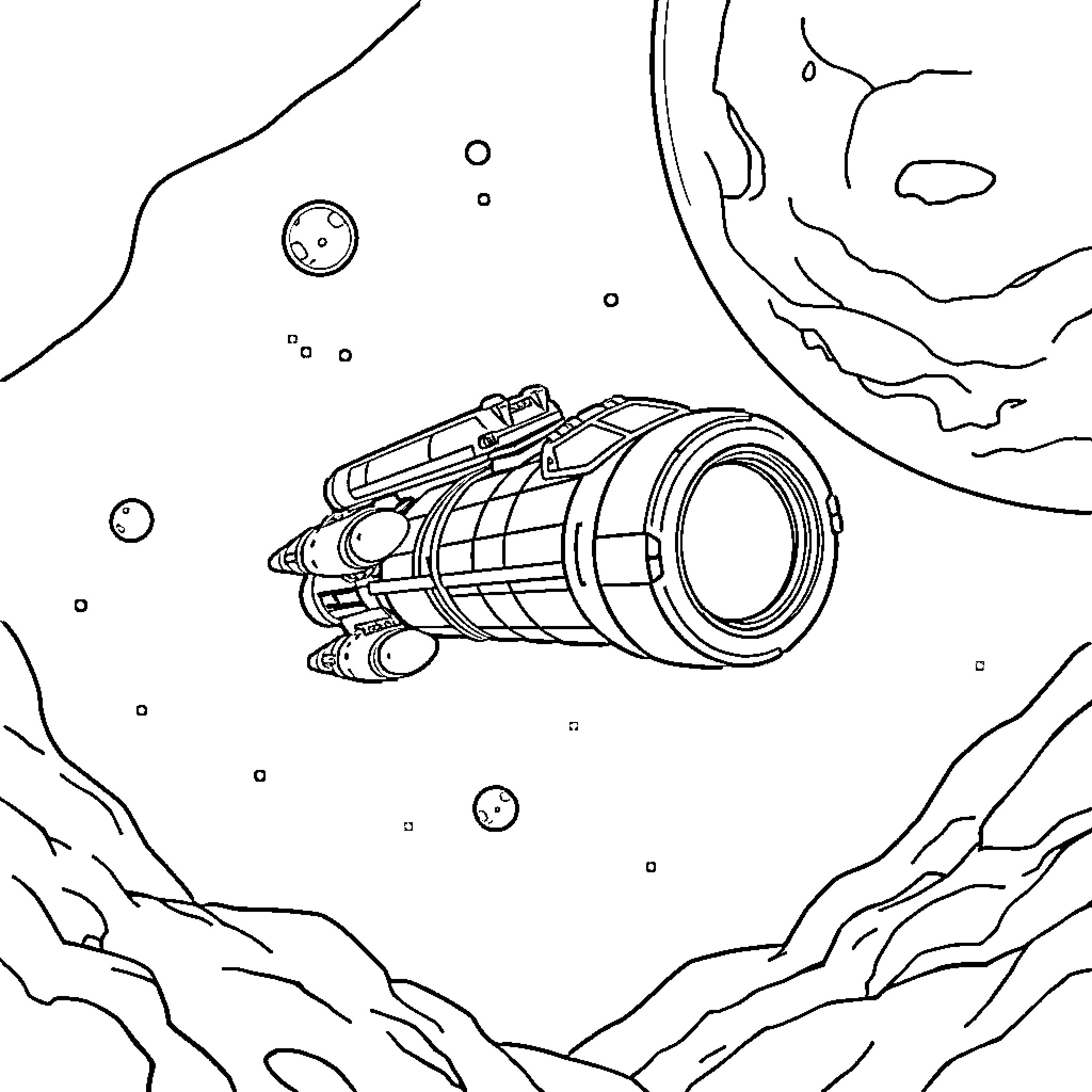 Dwarf spacecraft exploring the cosmos Coloring Page (free black-and-white line drawing printable PDF for all, from beginners to advanced learners, including children, teens, adults, and seniors)