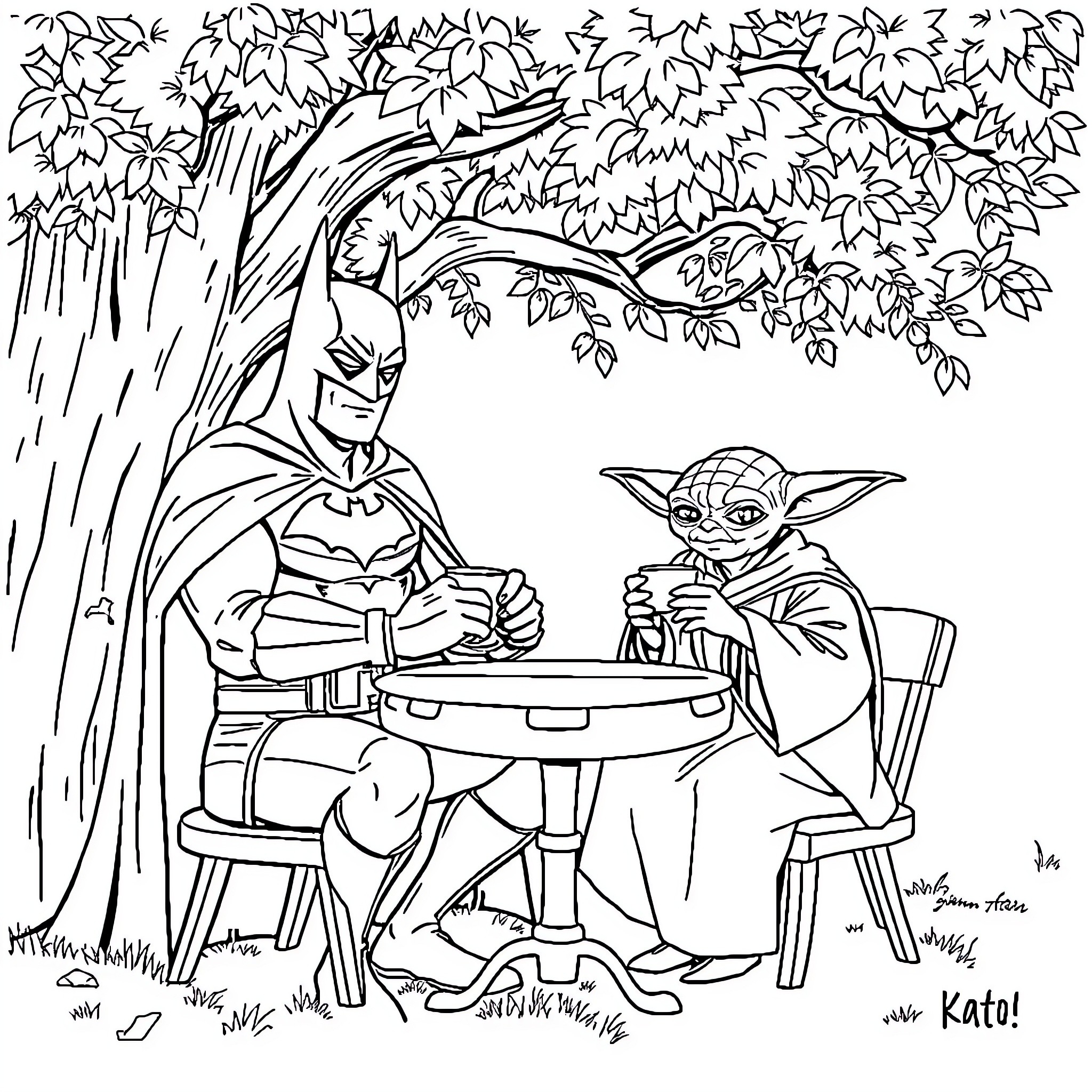Batman and Yoda sharing a quiet moment in the forest Coloring Page (free black-and-white line drawing printable PDF for all, from beginners to advanced learners, including children, teens, adults, and seniors)