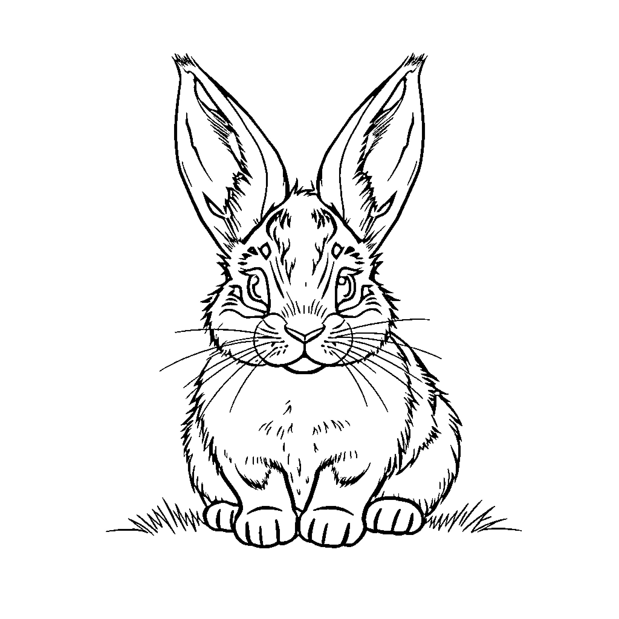 Lynx-like rabbit in a grassy field Coloring Page (free black-and-white line drawing printable PDF for all, from beginners to advanced learners, including children, teens, adults, and seniors)