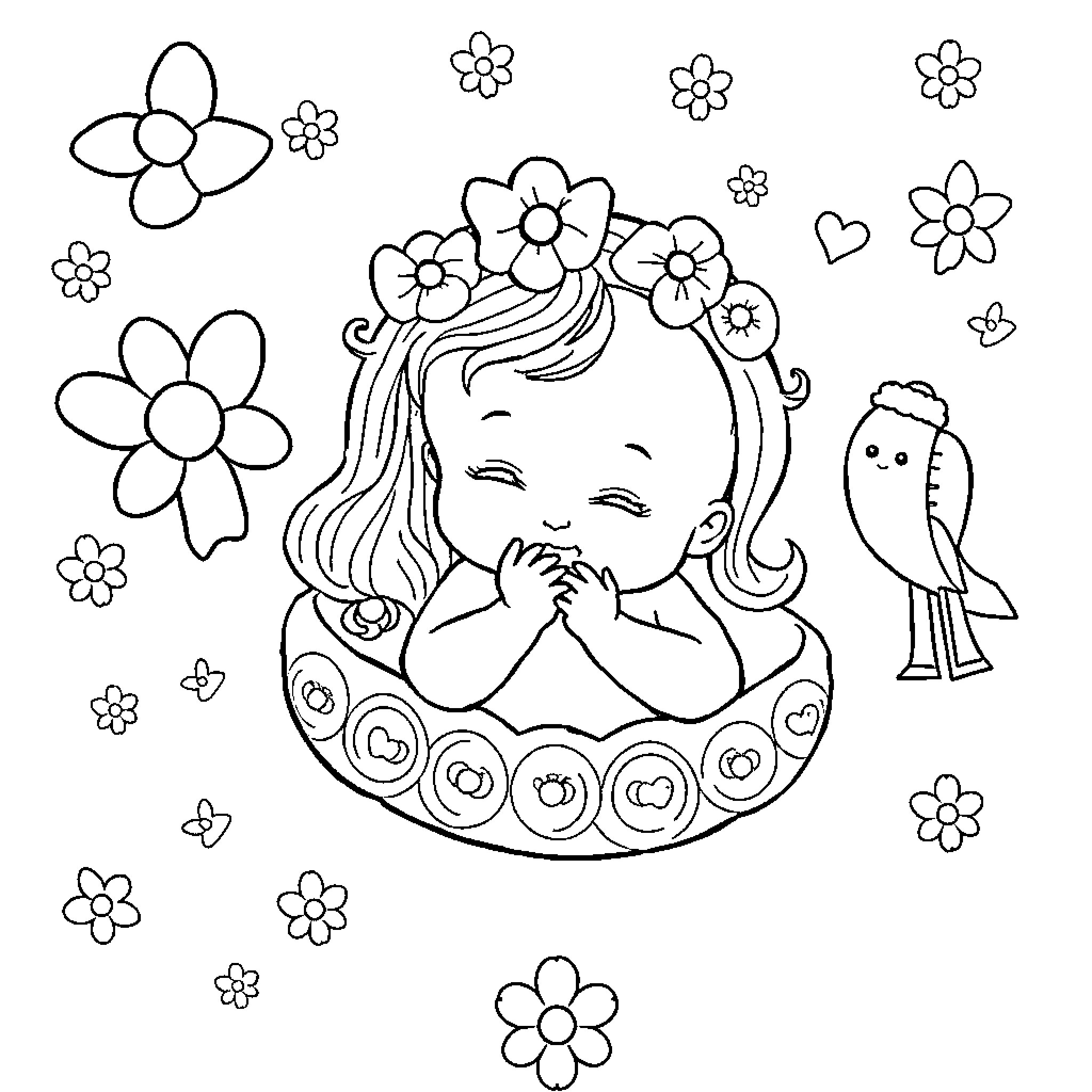 Bebe's Floral Delight Coloring Page (free black-and-white line drawing printable PDF for all, from beginners to advanced learners, including children, teens, adults, and seniors)