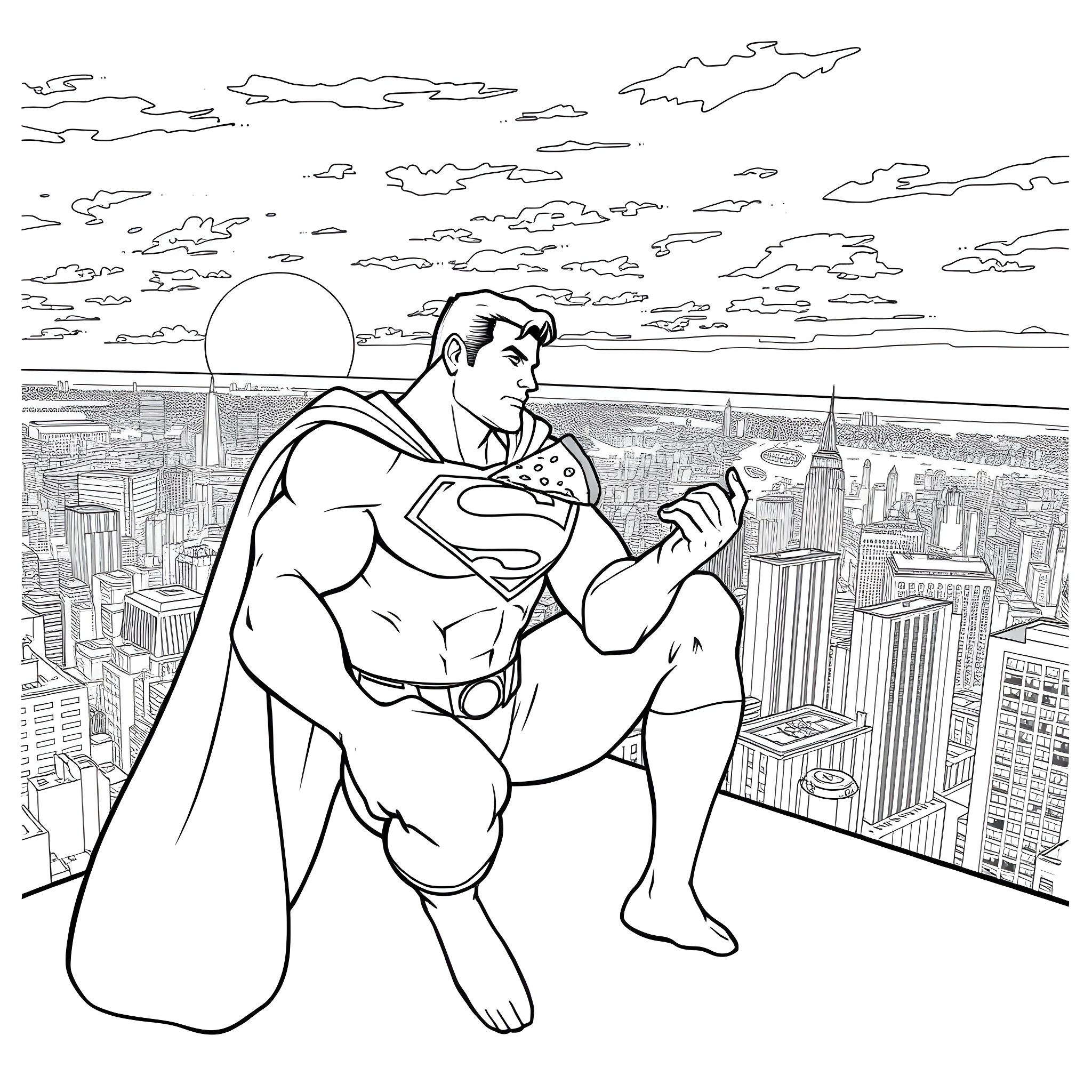 Superman overlooking the city with determination Coloring Page (free black-and-white line drawing printable PDF for all, from beginners to advanced learners, including children, teens, adults, and seniors)