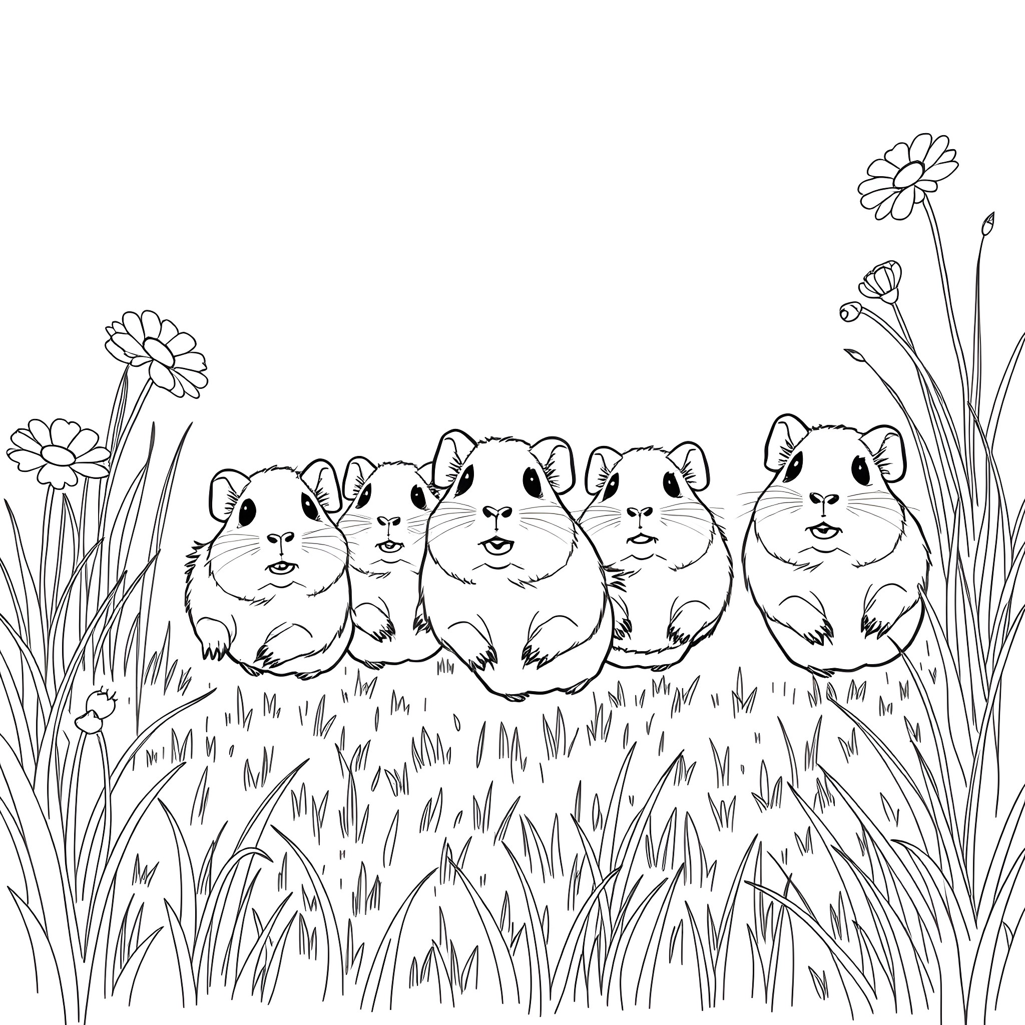 Guinea Pigs Enjoying Flowers in the Meadow Coloring Page (free black-and-white line drawing printable PDF for all, from beginners to advanced learners, including children, teens, adults, and seniors)