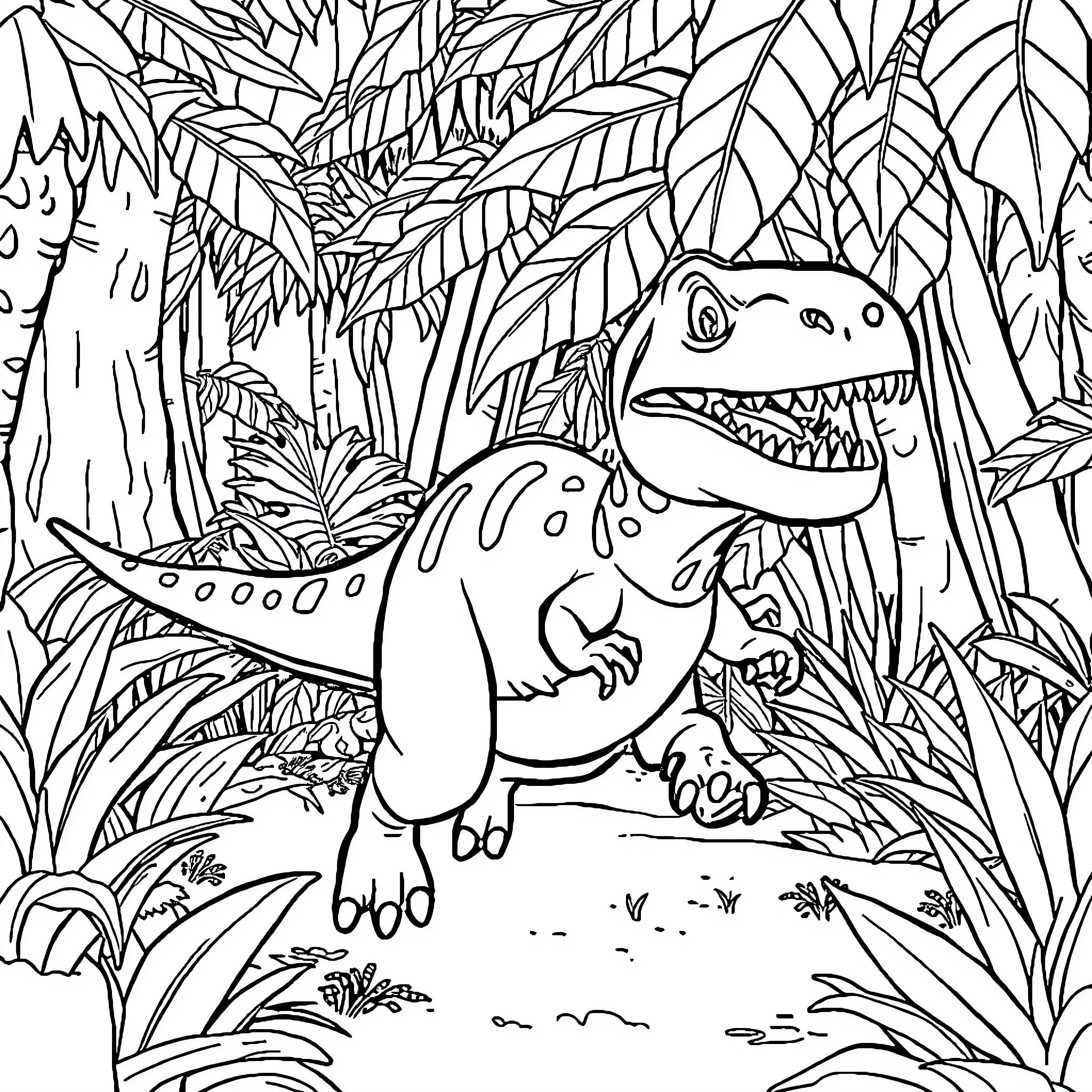 BLIPPLY Dinosaur roaming through dense jungle foliage Coloring Page (free black-and-white line drawing printable PDF for all, from beginners to advanced learners, including children, teens, adults, and seniors)