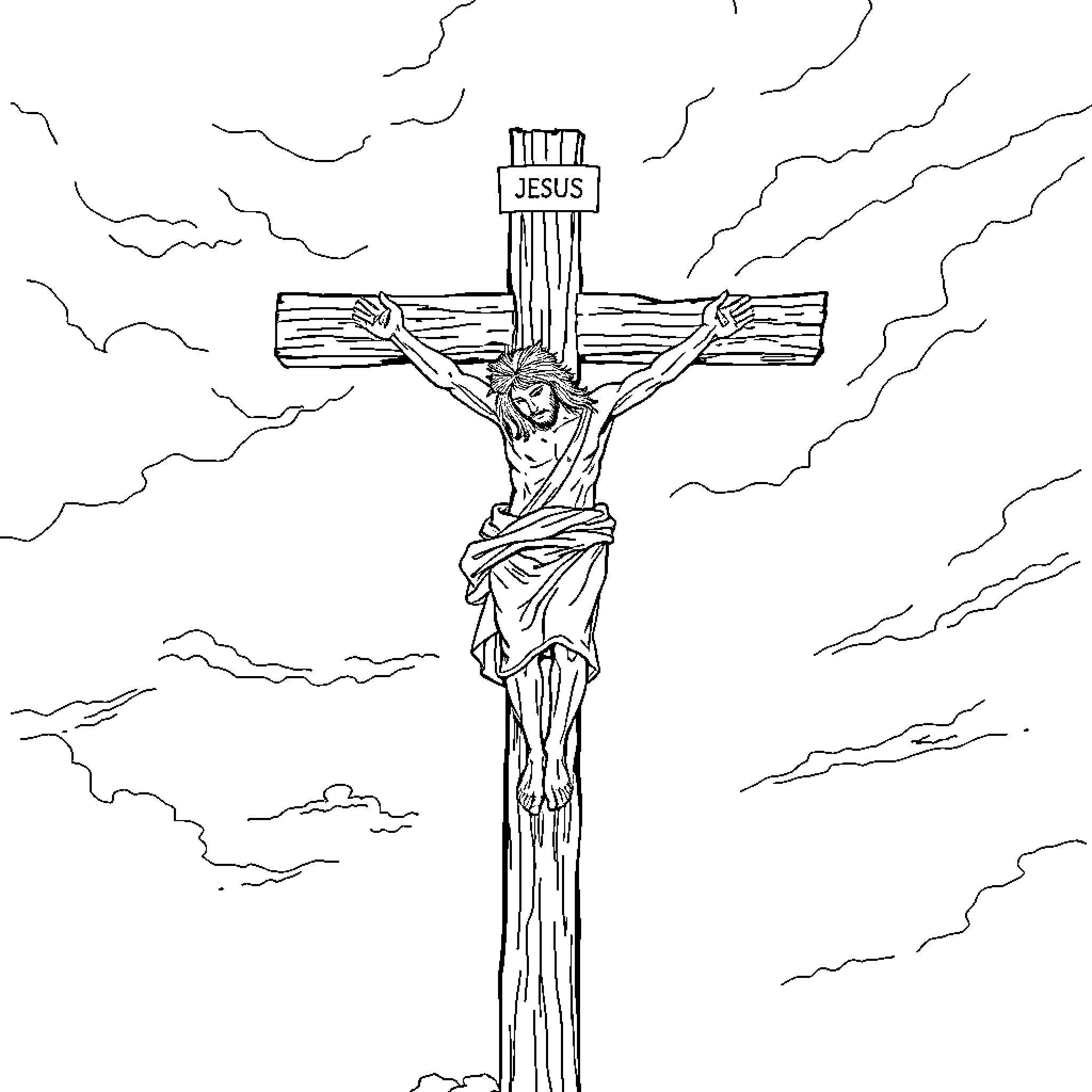 Jesus crucified on the cross surrounded by clouds Coloring Page (free black-and-white line drawing printable PDF for all, from beginners to advanced learners, including children, teens, adults, and seniors)