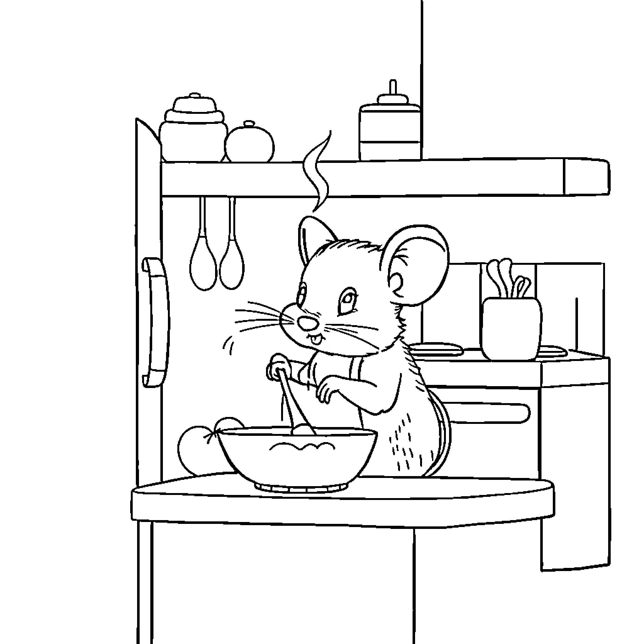 Mouse cooking in the kitchen Coloring Page (free black-and-white line drawing printable PDF for all, from beginners to advanced learners, including children, teens, adults, and seniors)