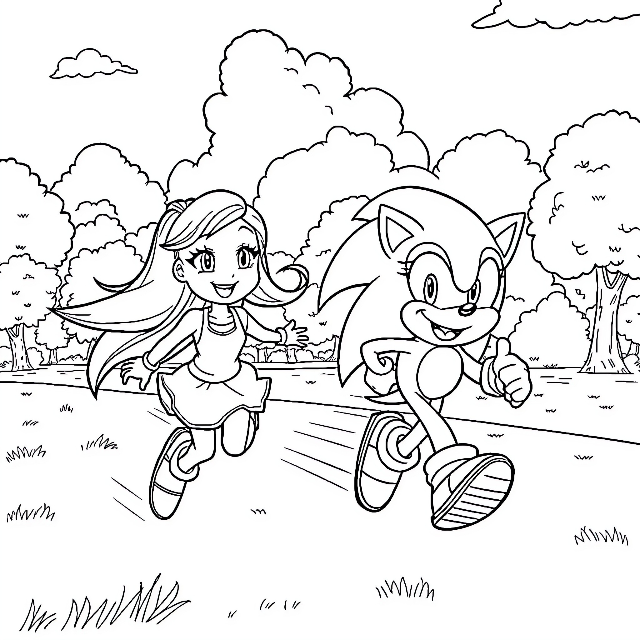Girl and Hedgehog Running Happily in the Park Coloring Page (free black-and-white line drawing printable PDF for all, from beginners to advanced learners, including children, teens, adults, and seniors)