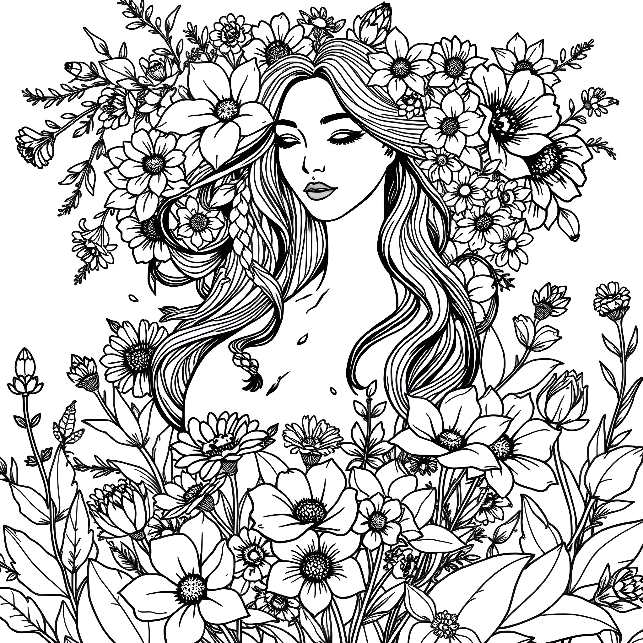 Woman surrounded by beautiful flowers Coloring Page (free black-and-white line drawing printable PDF for all, from beginners to advanced learners, including children, teens, adults, and seniors)