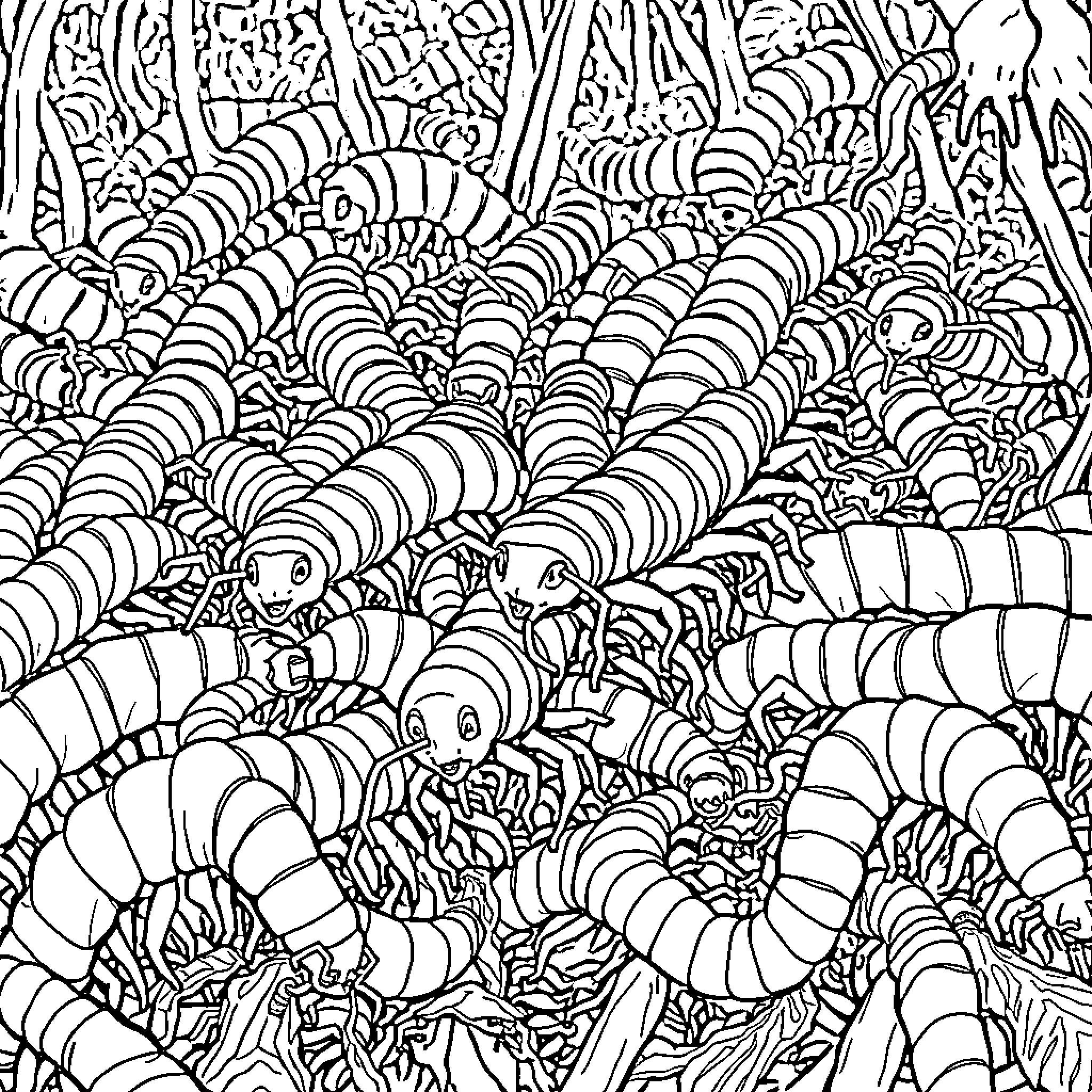 Centipede Crawling and Intertwining in the Jungle Coloring Page (free black-and-white line drawing printable PDF for all, from beginners to advanced learners, including children, teens, adults, and seniors)