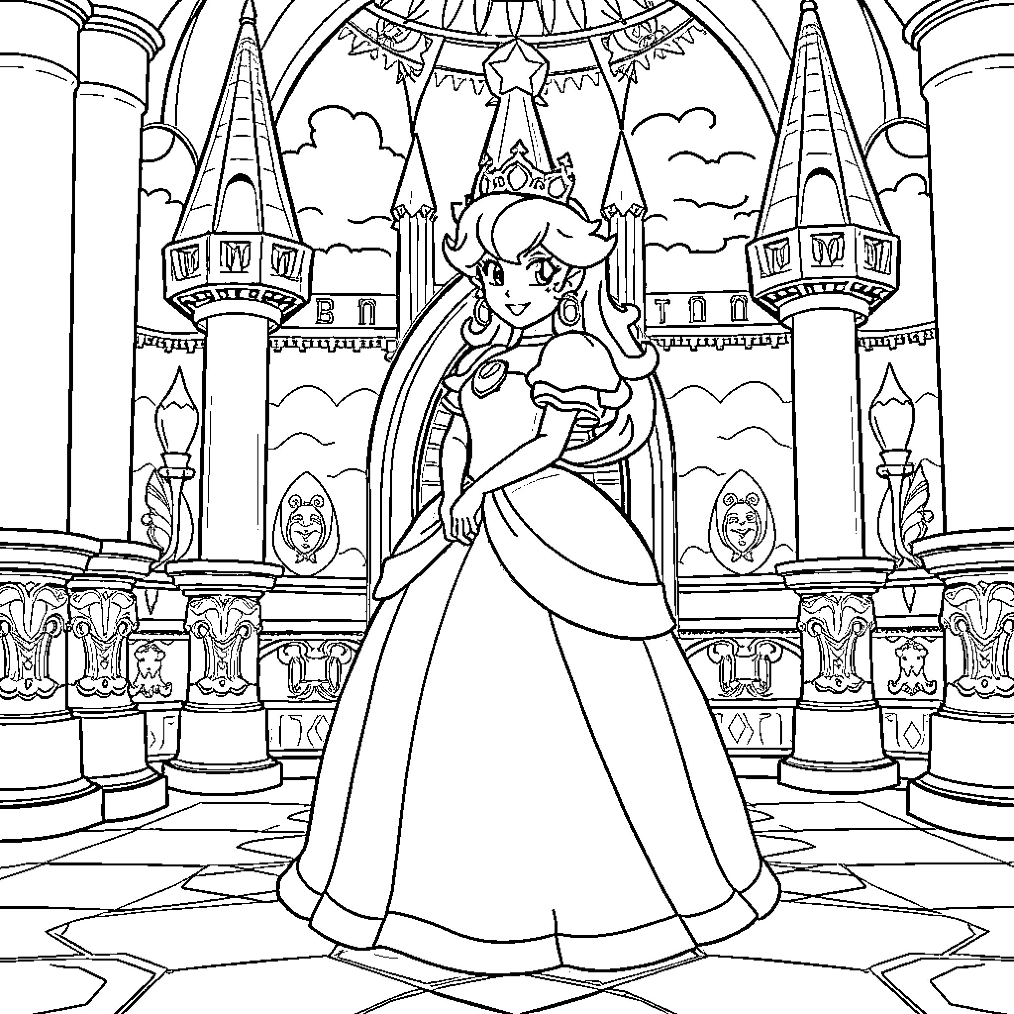 Princess in a Regal Castle Ballroom Coloring Page (free black-and-white line drawing printable PDF for all, from beginners to advanced learners, including children, teens, adults, and seniors)